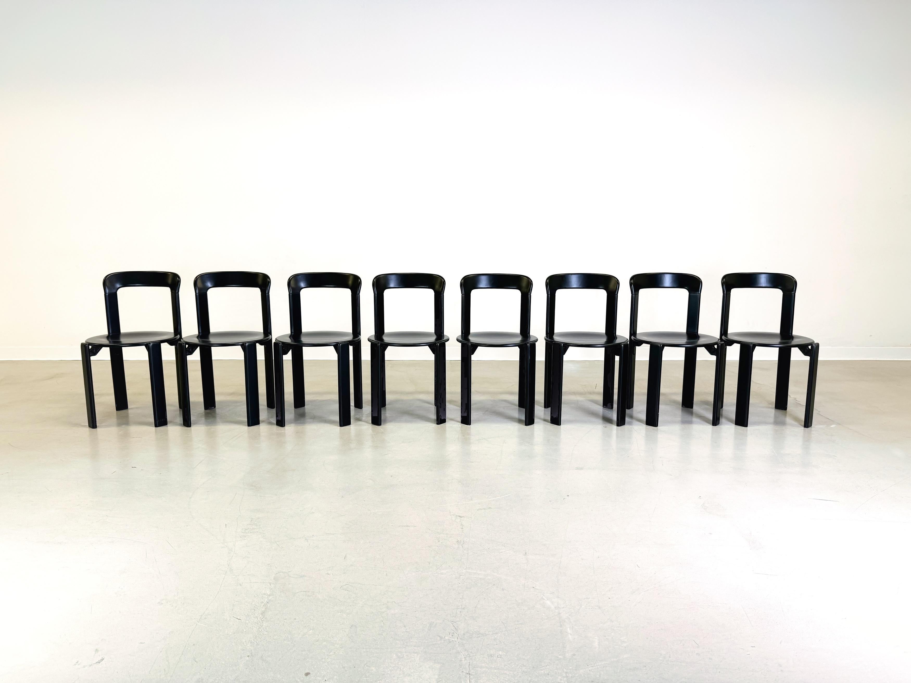 Mid-Century Modern Set of 8 Vintage chairs Bruno Rey Kusch & Co black 1970s design new lacquered For Sale