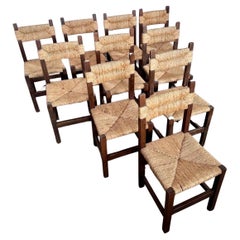 Set of 8 Vintage Charles Dudouyt Style French Country Rush Seat Dining Chairs