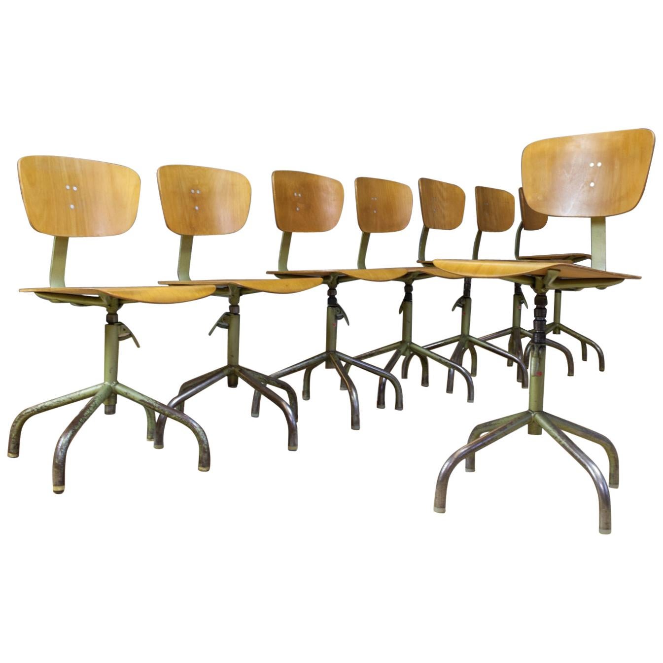 Set of 8 Vintage Desk Swivel Chairs in Metal and Plywood, Germany, 1960s