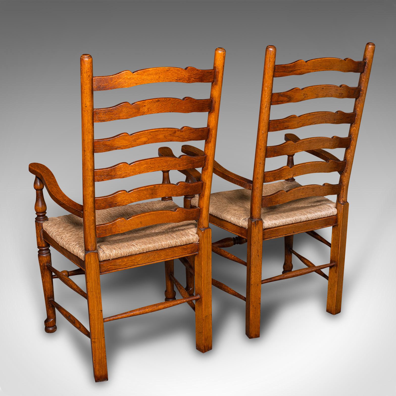 British Set of 8 Vintage Dining Chairs, English, Oak, Rush Seat, Georgian Revival, Suite For Sale