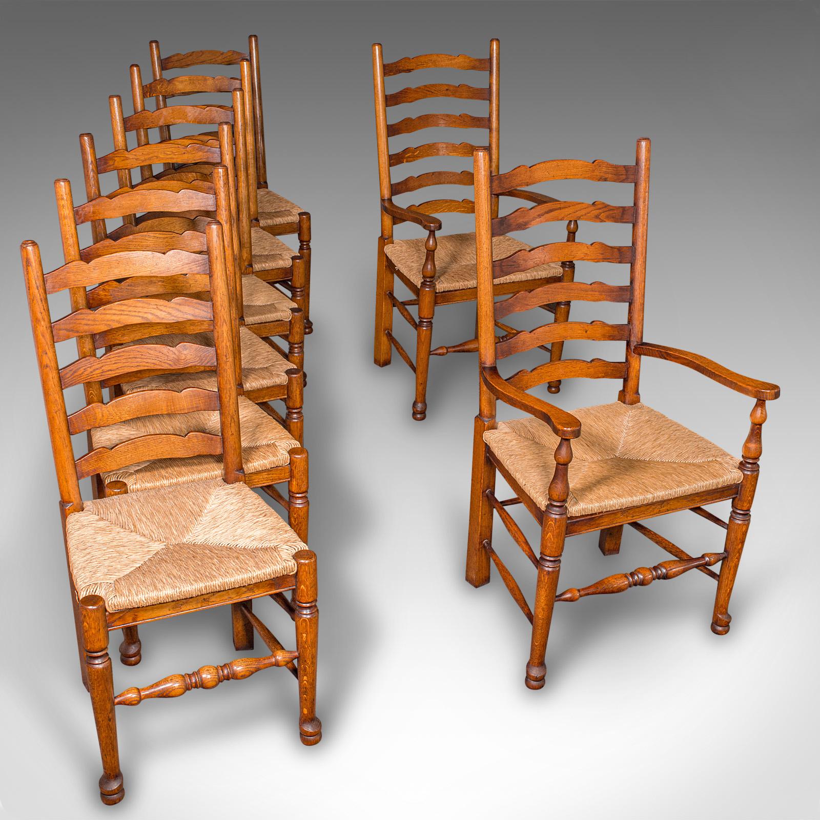 Set of 8 Vintage Dining Chairs, English, Oak, Rush Seat, Georgian Revival, Suite For Sale 3