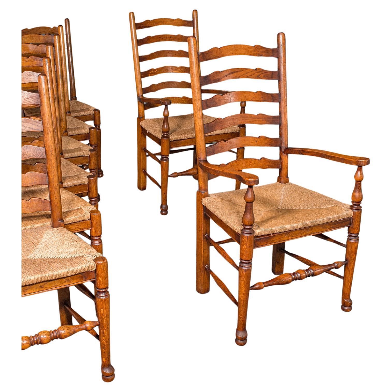 Set of 8 Vintage Dining Chairs, English, Oak, Rush Seat, Georgian Revival, Suite