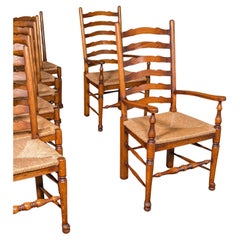Ensemble de 8 chaises de salle à manger vintage, anglaises, chêne, siège en jonc, néo-géorgienne, suite