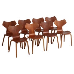 8 Vintage teak wood Dining Chairs "Grand Prix", Arne Jacobsen for Fritz Hansen
