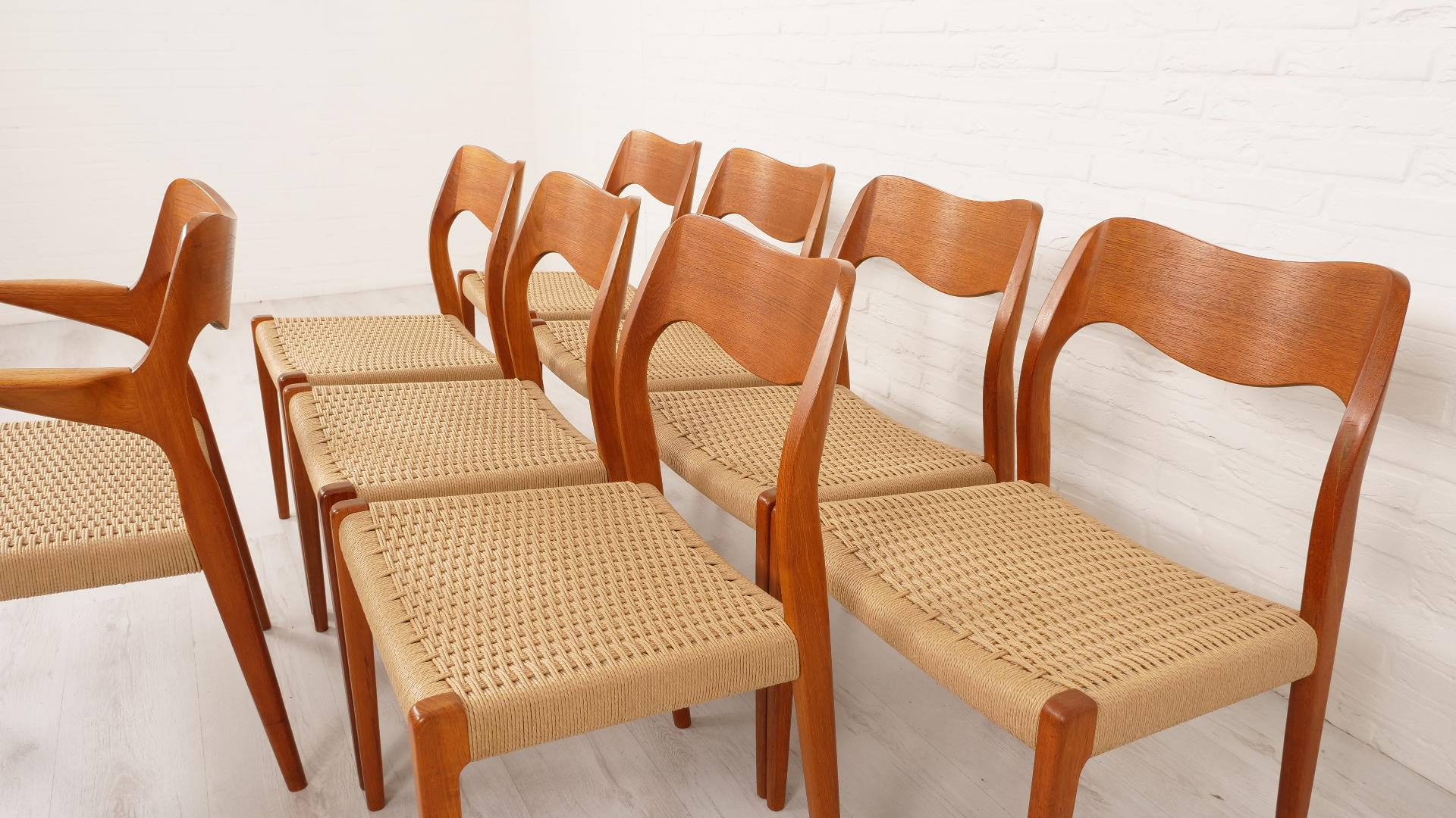 Papercord Set of 8 vintage dining chairs  Niels Otto Møller  Model 71 & Model 55  