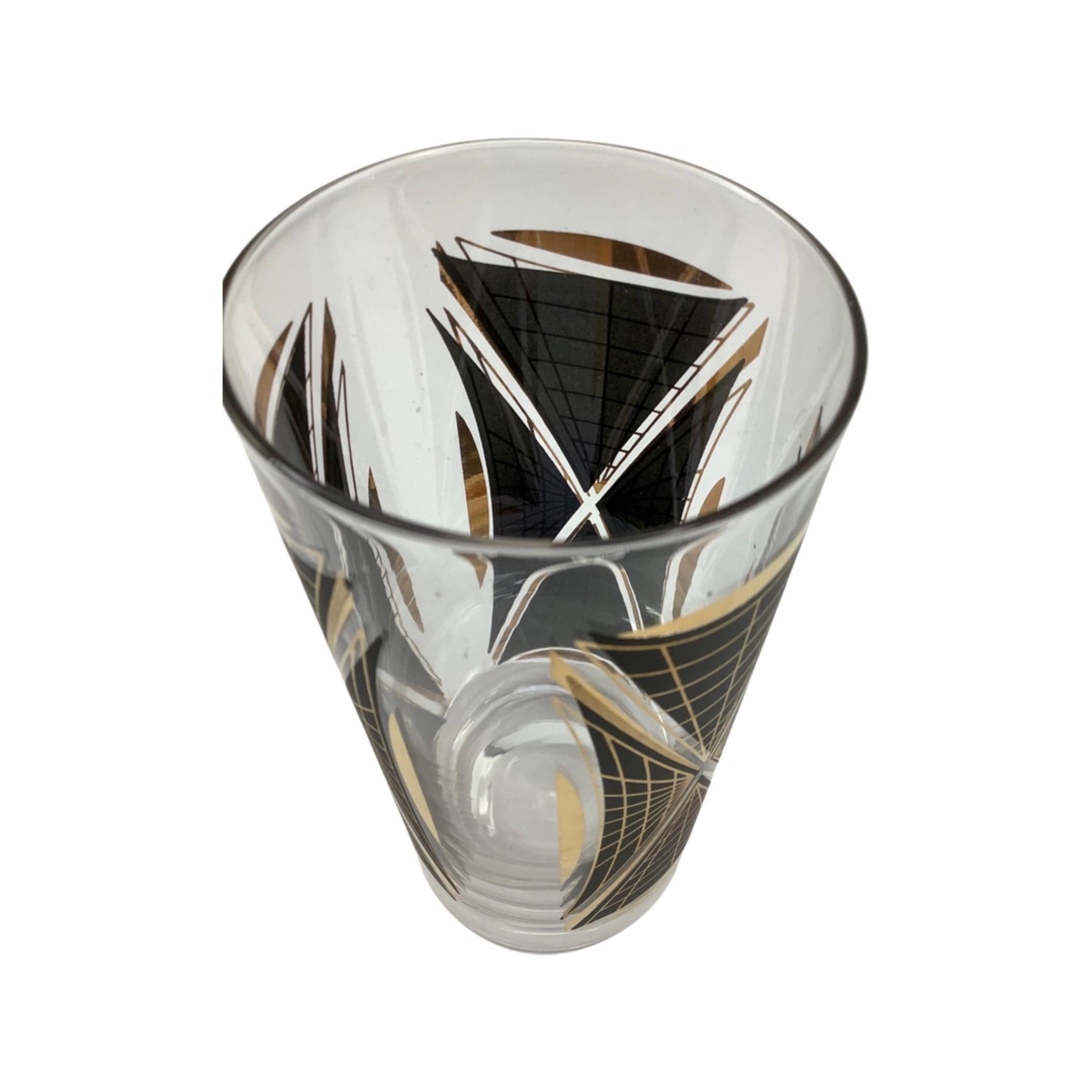 Mid-Century Modern Set de 8 verres Highball Vintage Federal Glass Atomic noir et or en vente