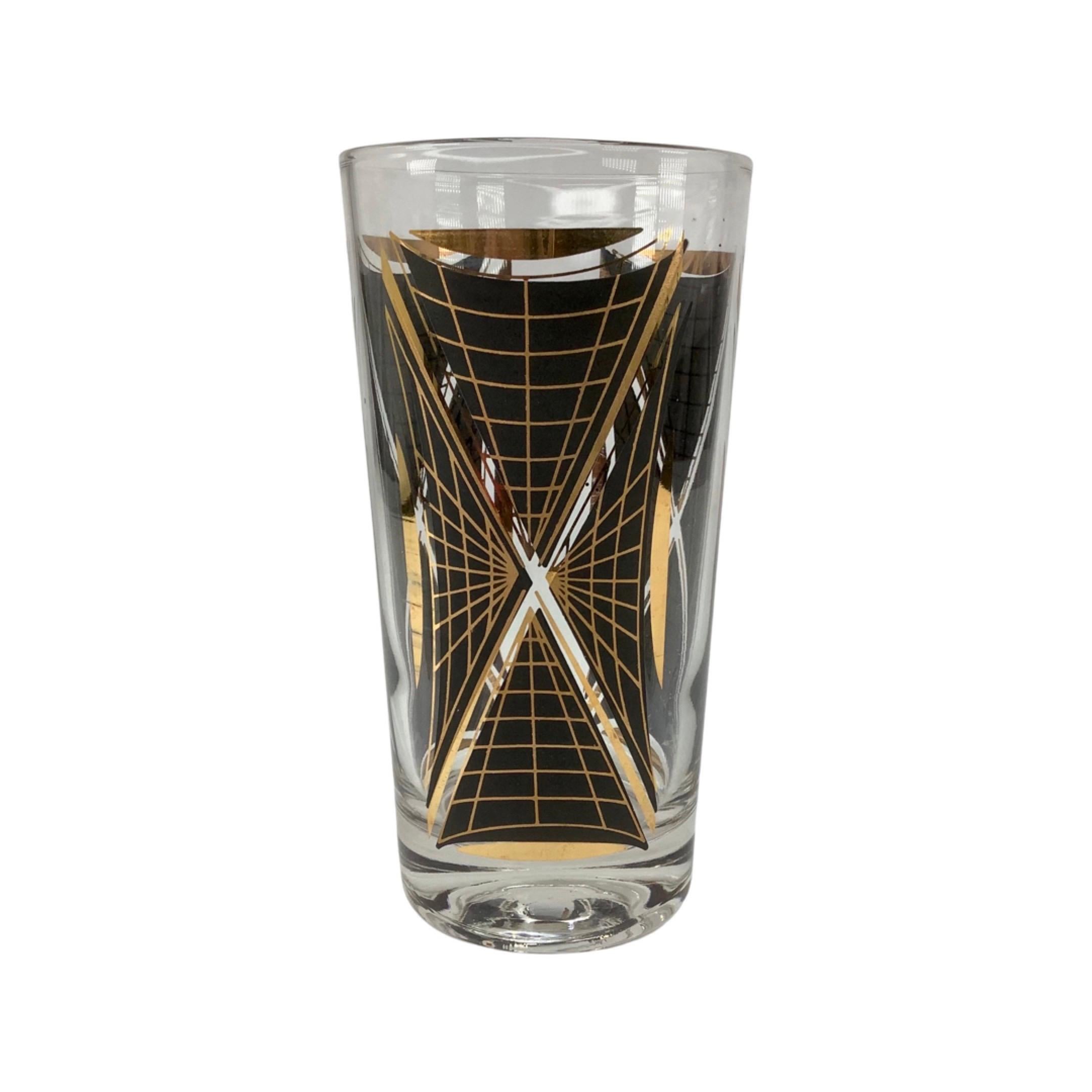 Satz von 8 Federal Glass Atomic Black and Gold Highball-Gläsern im Vintage-Stil im Zustand „Gut“ im Angebot in Chapel Hill, NC