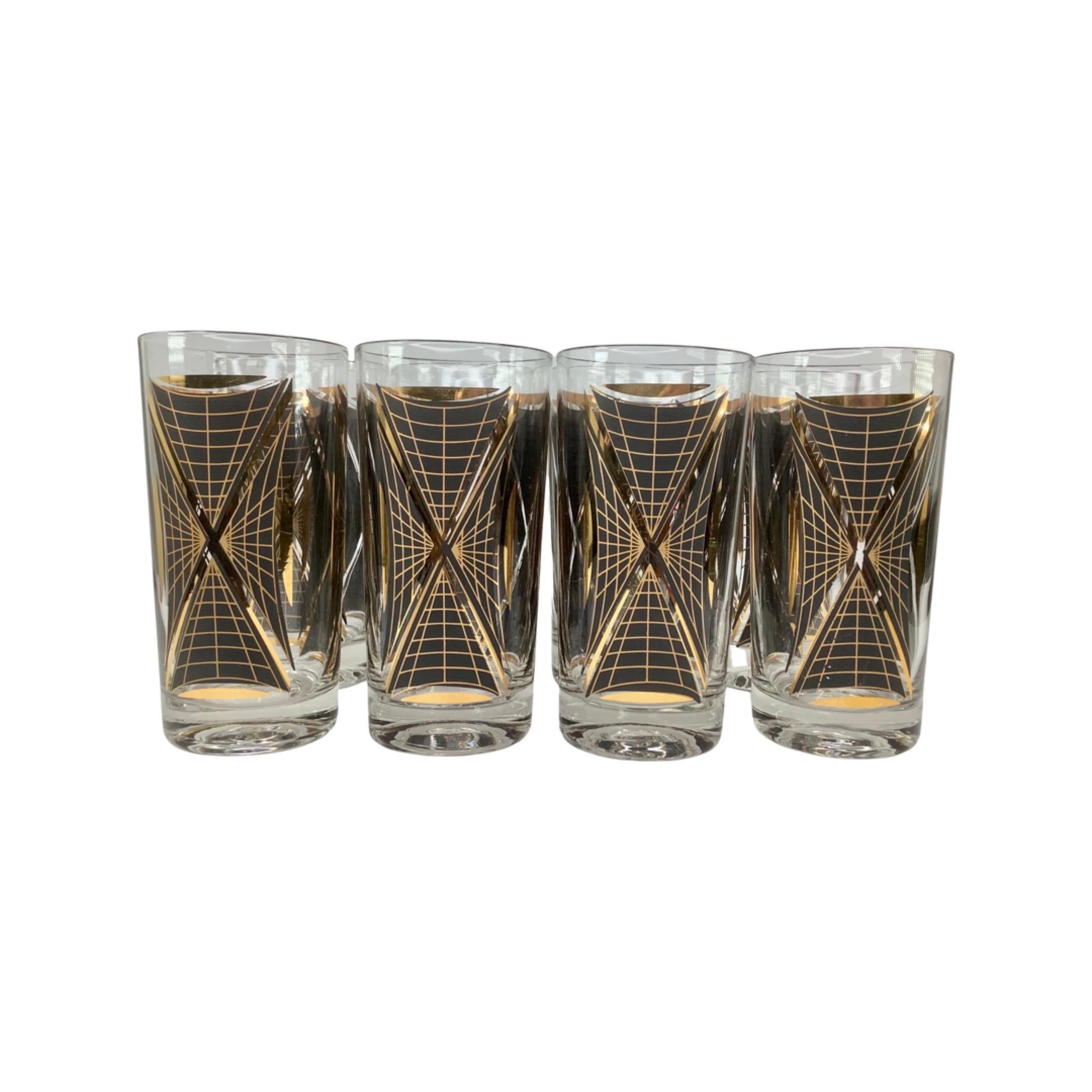 20ième siècle Set de 8 verres Highball Vintage Federal Glass Atomic noir et or en vente