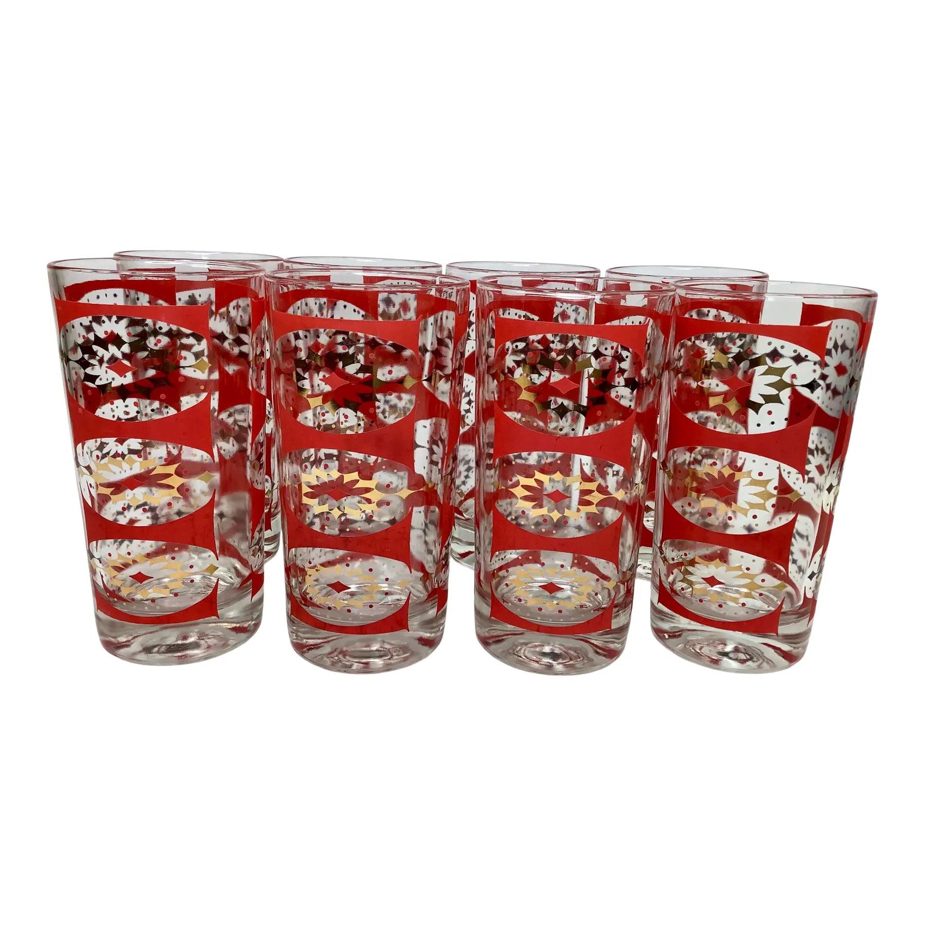 Set of 8 Beautiful Vintage Gilt and Red Diamond Pattern Highball Glasses. Nice heavy-bottomed glasses measure 5 1/2