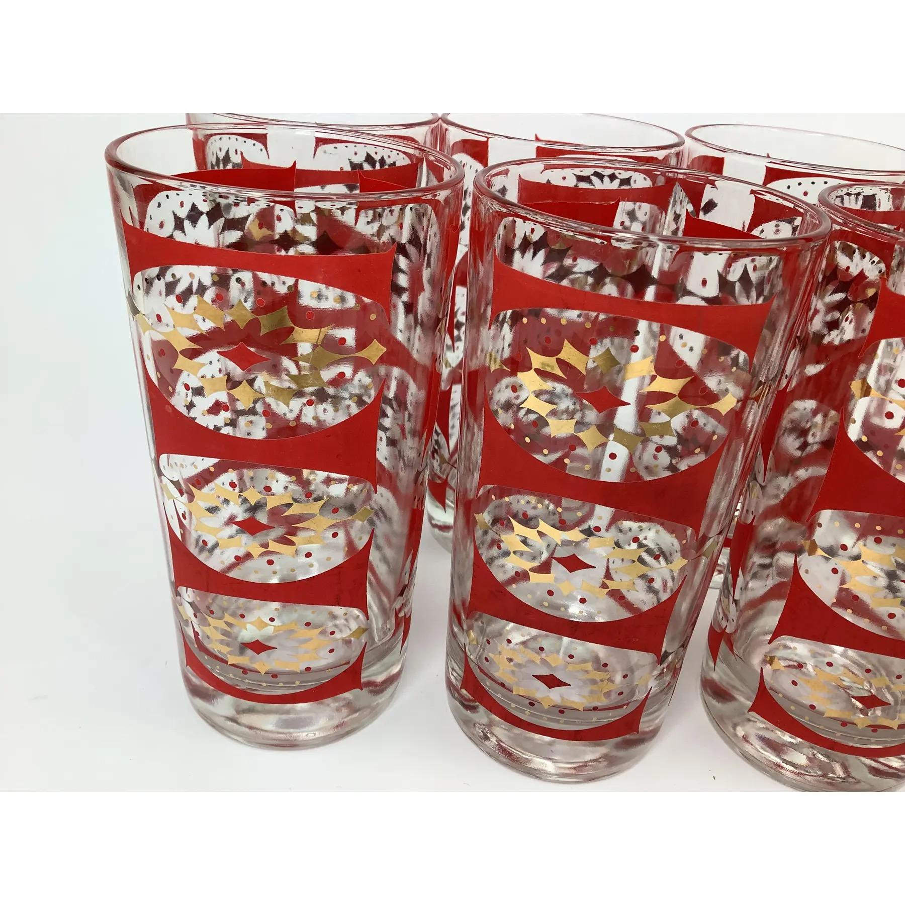 Mid-Century Modern Set of 8 Vintage Federal Glass Gilt and Red Diamond Pattern Highball Glasses For Sale