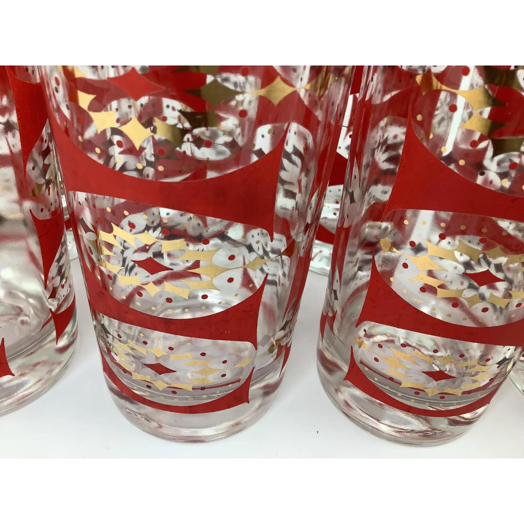 American Set of 8 Vintage Federal Glass Gilt and Red Diamond Pattern Highball Glasses For Sale