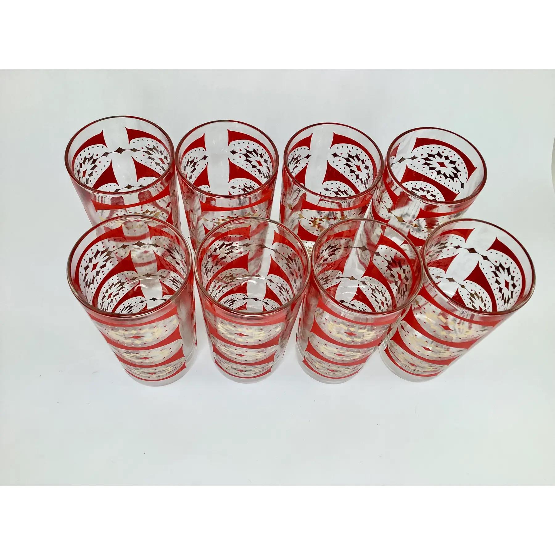 Set of 8 Vintage Federal Glass Gilt and Red Diamond Pattern Highball Glasses In Good Condition For Sale In Chapel Hill, NC