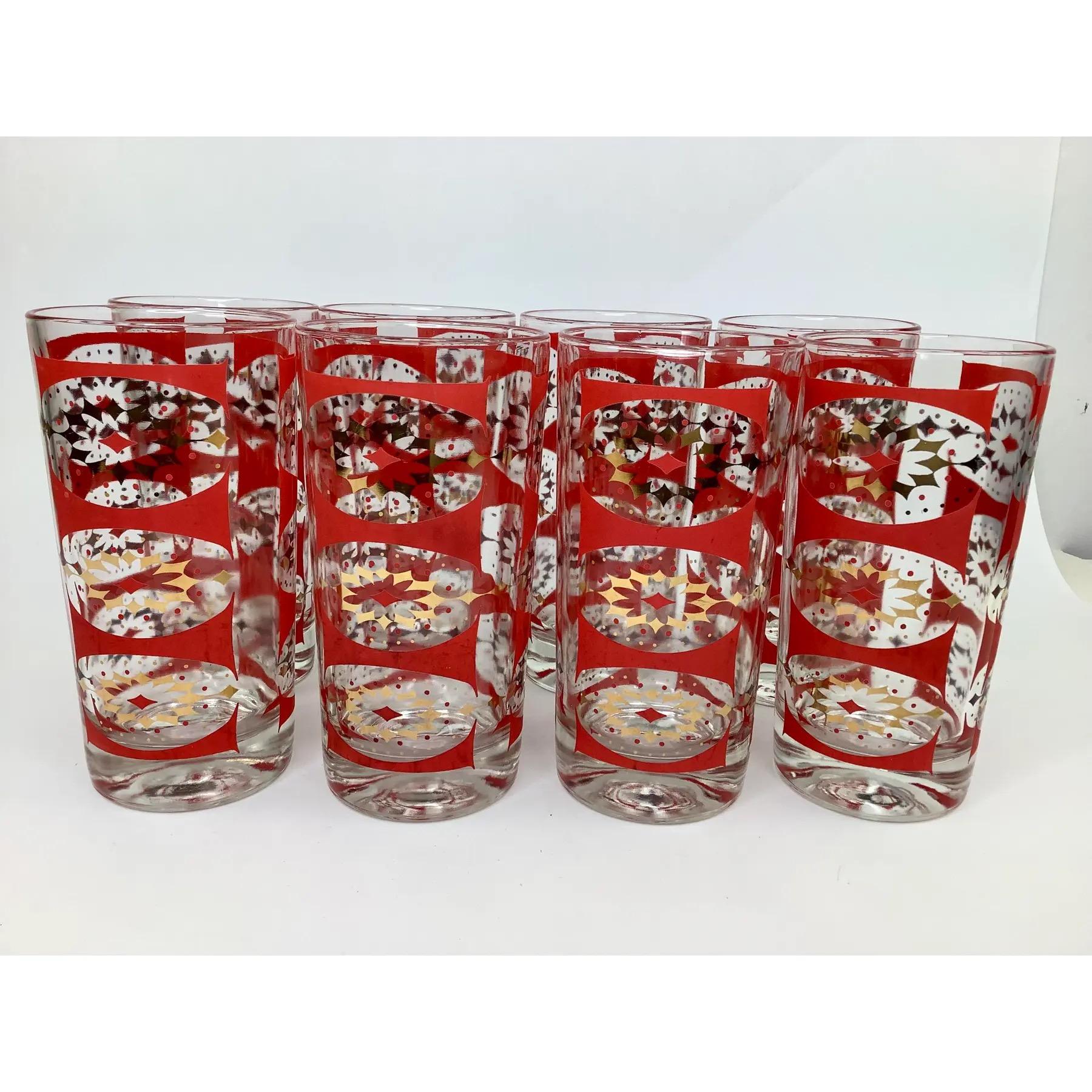 Mid-20th Century Set of 8 Vintage Federal Glass Gilt and Red Diamond Pattern Highball Glasses For Sale