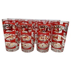Juego de 8 vasos altos vintage de Federal Glass con diseño de diamantes dorados y rojos