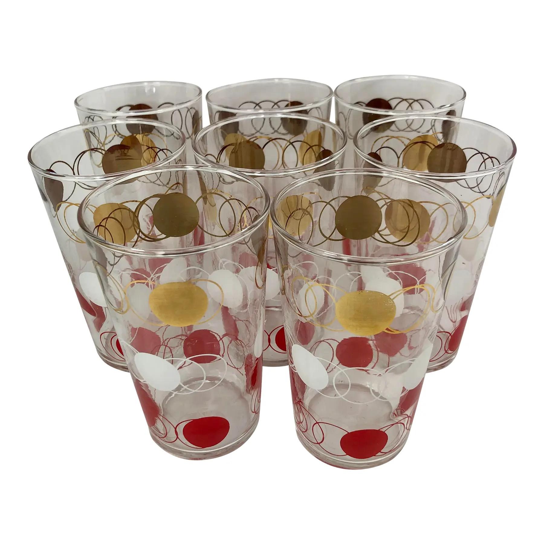 Set of 8 Vintage Mid Century Federal Glass Tumblers With Interlocking Gold, White, & Red Rings and Circles design. Glasses measure 4 3/4