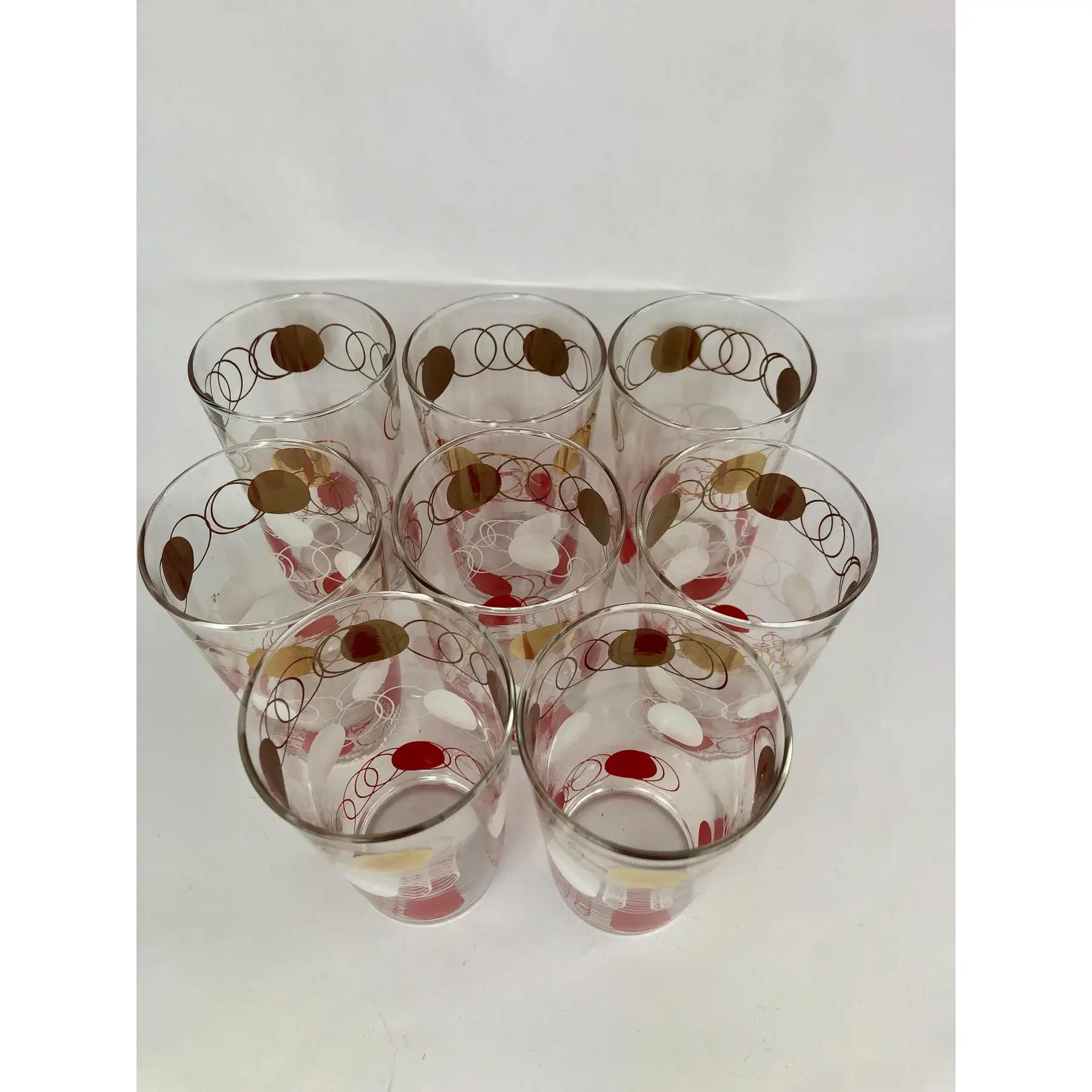 Mid-Century Modern Set of 8 Vintage Federal Glass Tumblers Highballs With Gold, White, & Red Rings For Sale