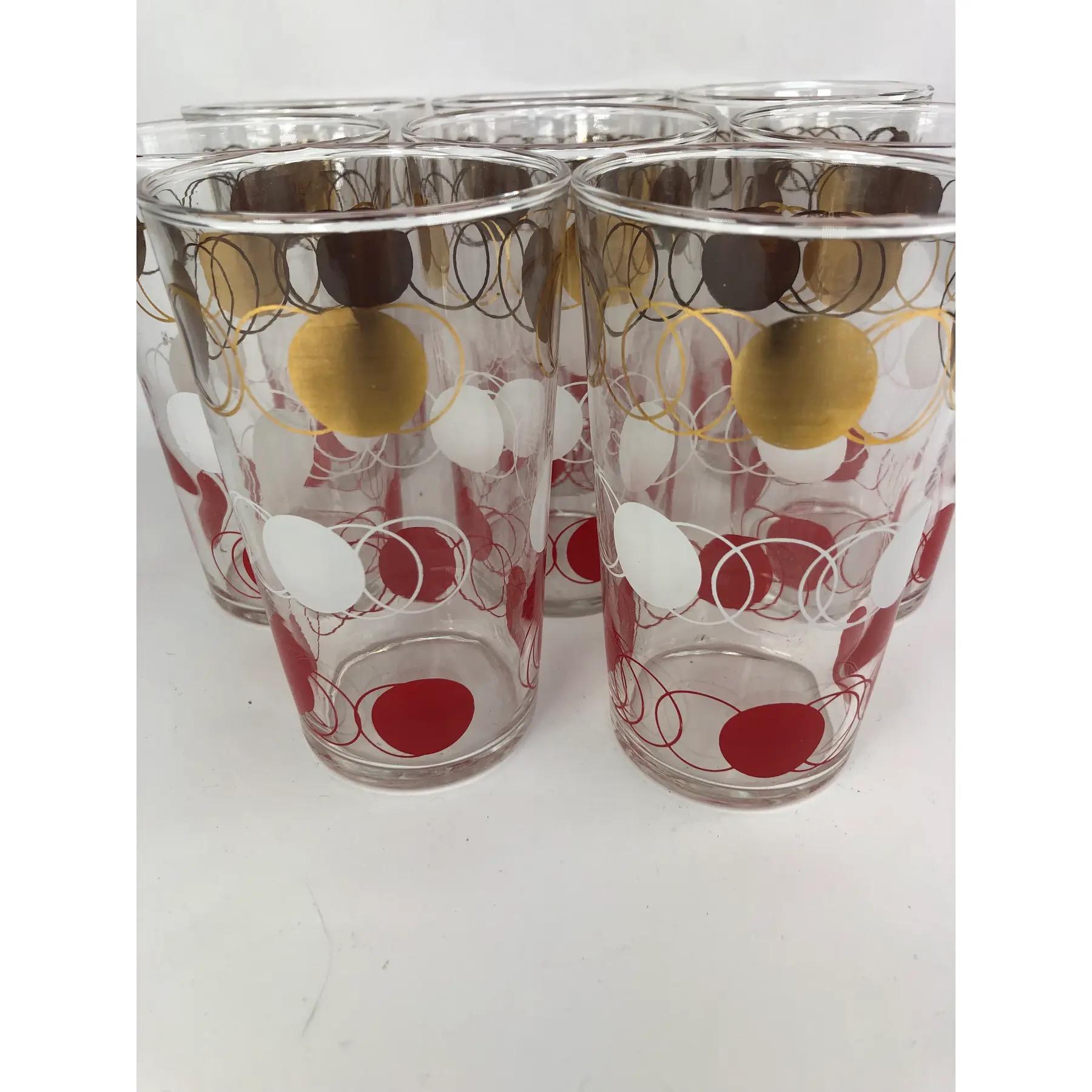 Set of 8 Vintage Federal Glass Tumblers Highballs With Gold, White, & Red Rings In Good Condition For Sale In Chapel Hill, NC