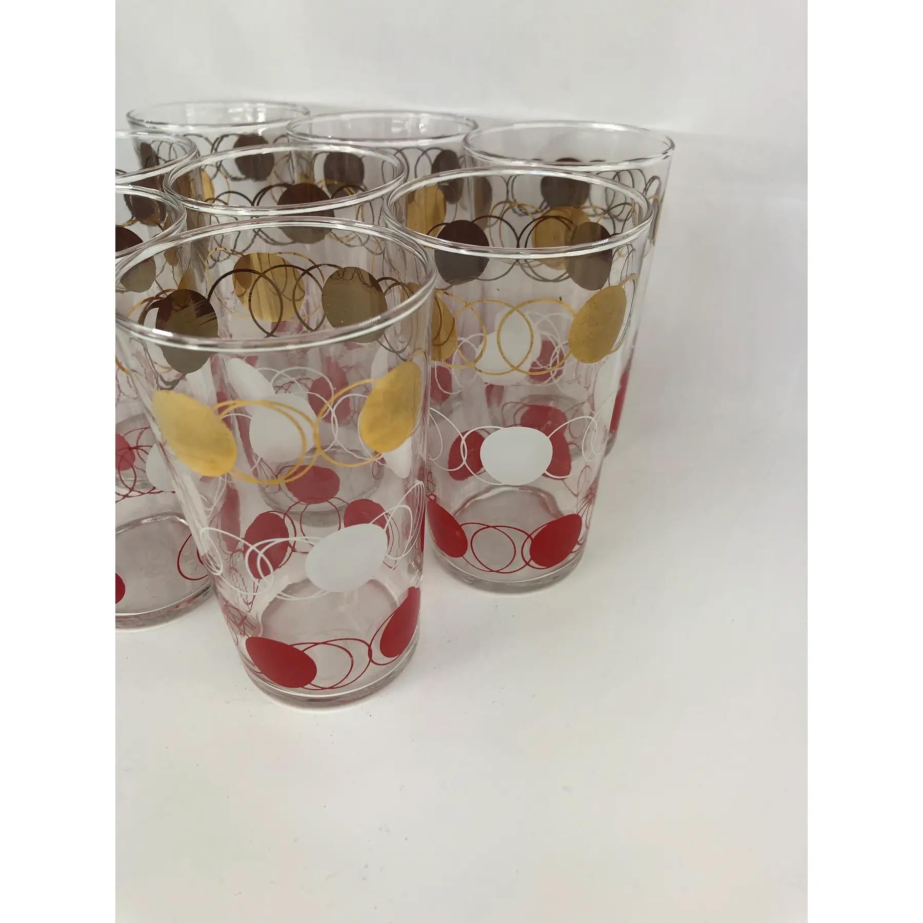 Mid-20th Century Set of 8 Vintage Federal Glass Tumblers Highballs With Gold, White, & Red Rings For Sale