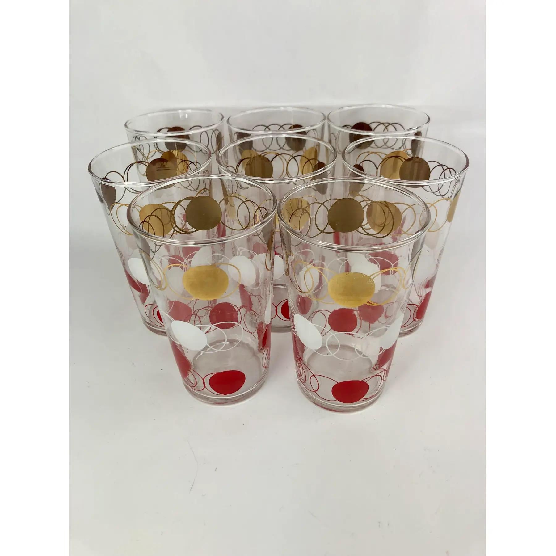 Set of 8 Vintage Federal Glass Tumblers Highballs With Gold, White, & Red Rings For Sale 1