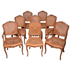Set of 8 Vintage French Beech Wood Caned Dining Chairs - 6 Side and 2 Arm