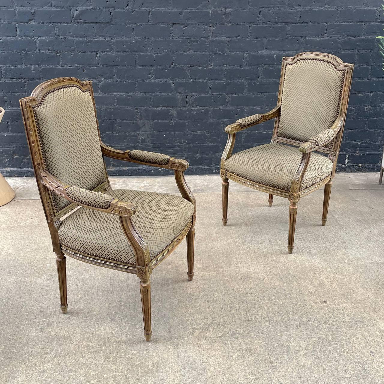 Set of 8 Vintage French Louis XV Sculpted Arm Chairs In Good Condition For Sale In Los Angeles, CA