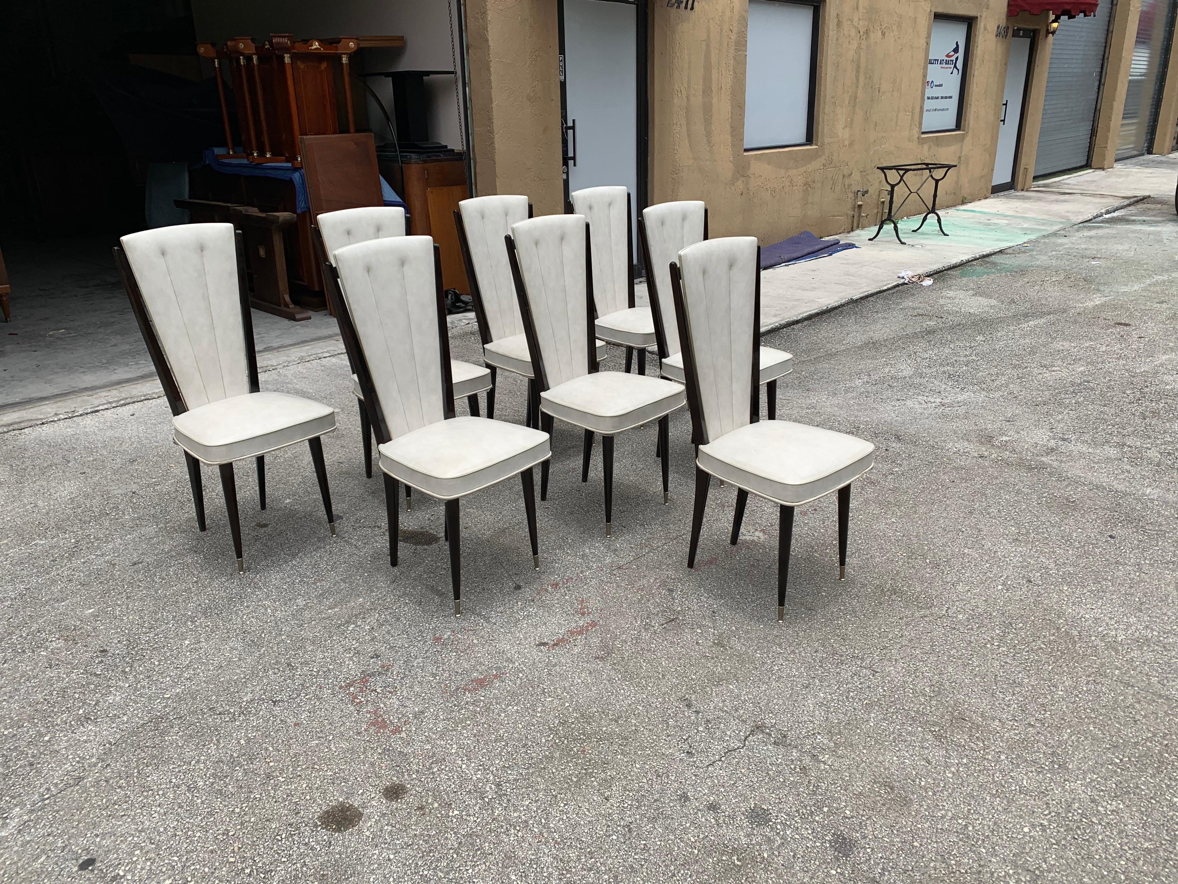Brass Set of 8 Vintage French Modern Solid Mahogany Dining Chairs, 1940s