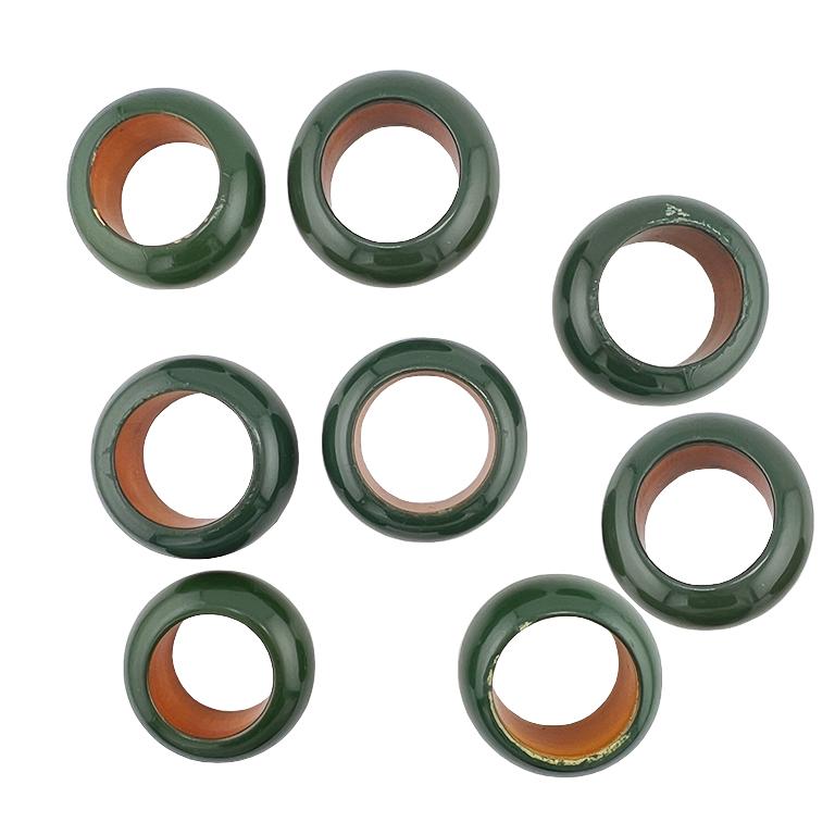 This set of 8 vintage lacquer napkin rings blends classic design with high-end sophistication, featuring a rich hunter green lacquered exterior and a contrasting burnt orange interior reminiscent of iconic Hermès and Gucci color palettes. Crafted