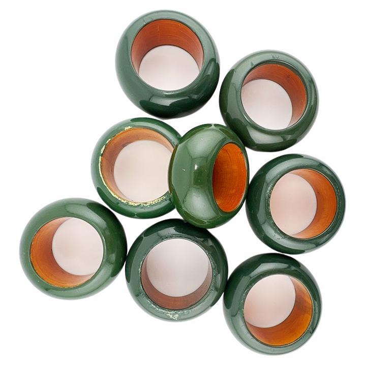 Set of 8 Vintage Green & Orange Lacquer Napkin Rings, Gucci or Hermès Style For Sale