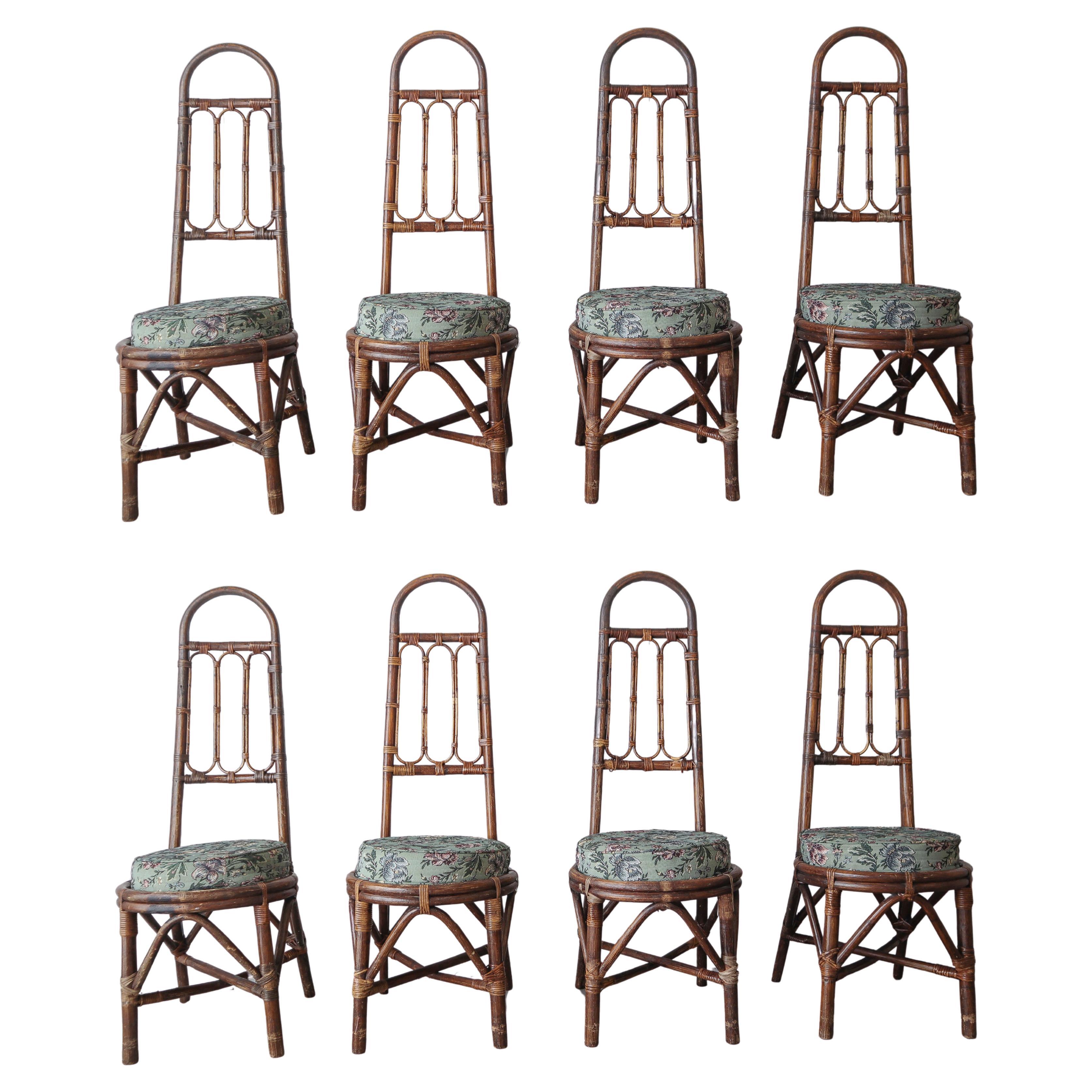 Set of 8 Vintage High Back Italian Bamboo Dining Chairs