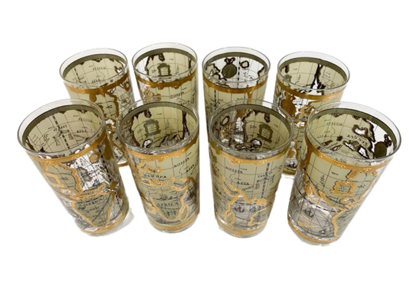 Set of 8 Mid-Century Modern highball glasses by Cera in the Old World Map pattern, with a map designed to look like an antique map on parchment in tans and 22k gold.

We have multiple listings for the Old World Map pattern in other forms, some