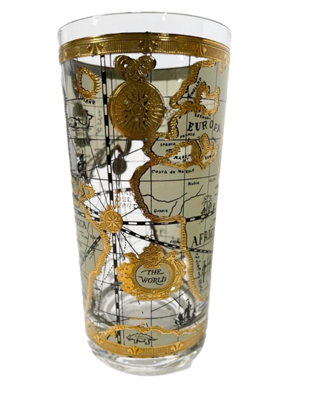 Mid-Century Modern Set of 8 Vintage Highball Glasses by Cera in the Old World Map Pattern For Sale