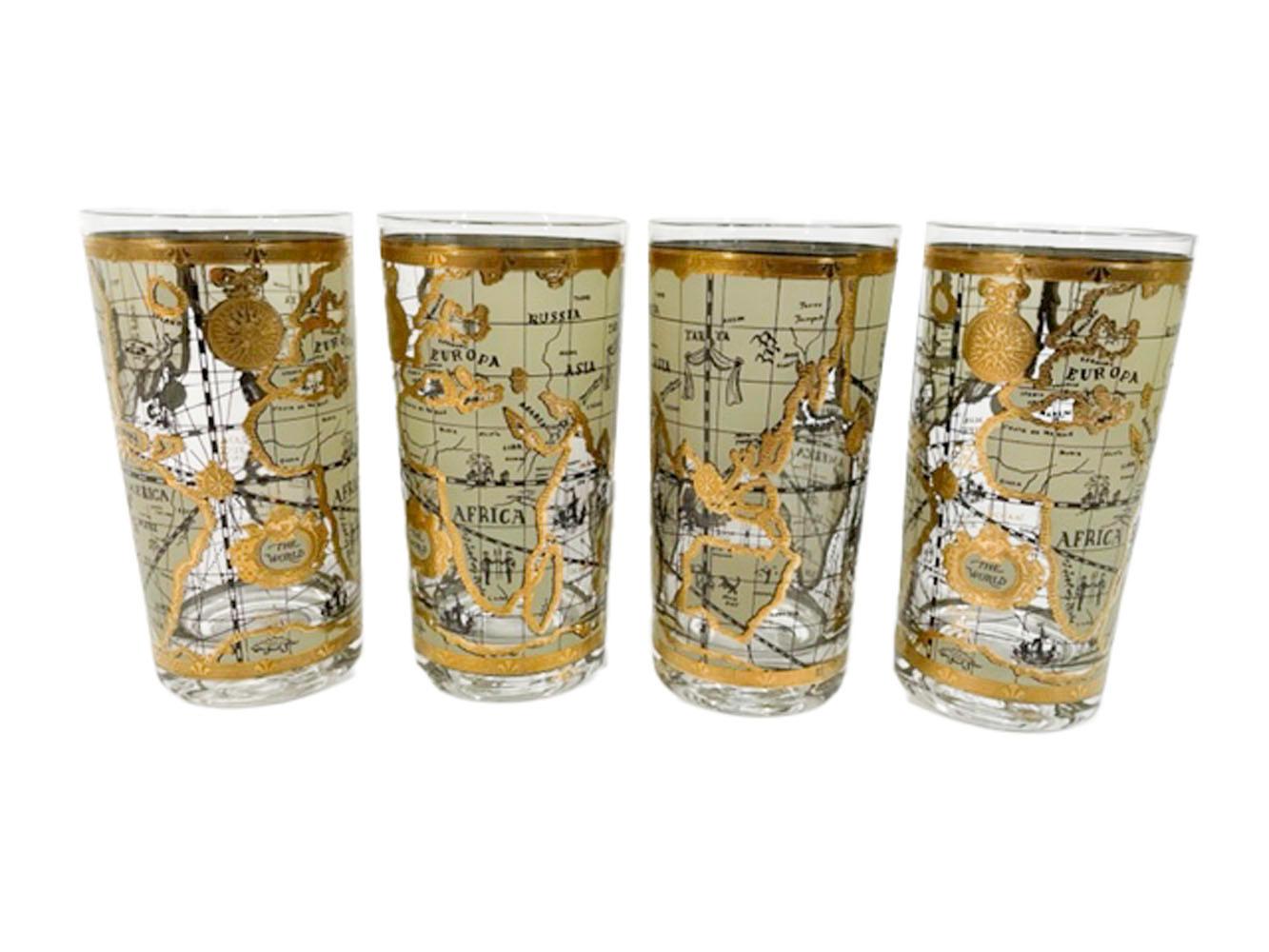 American Set of 8 Vintage Highball Glasses by Cera in the Old World Map Pattern For Sale