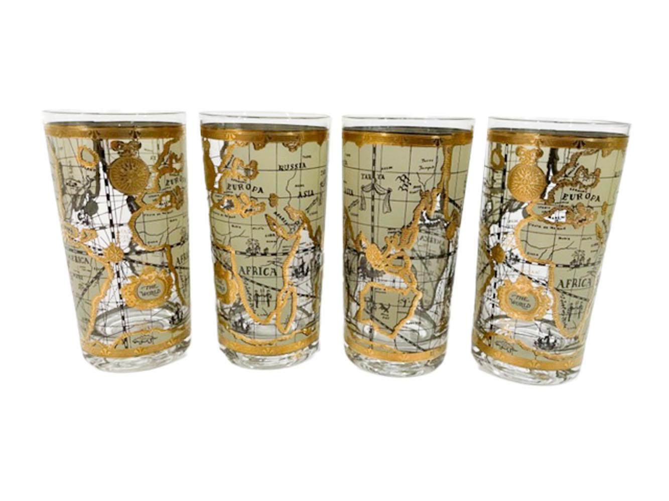 American Set of 8 Vintage Highball Glasses by Cera in the Old World Map Pattern