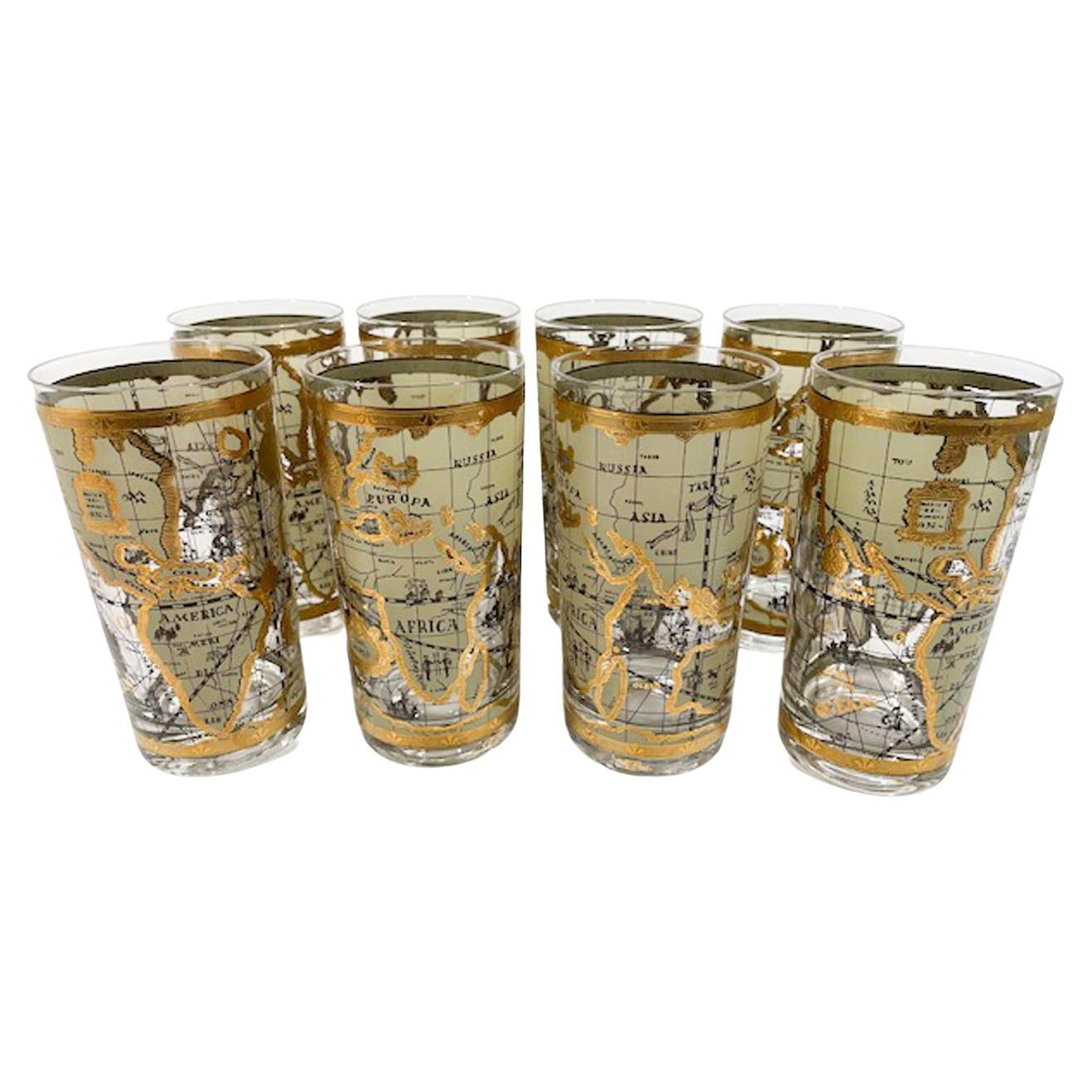 Set of 8 Vintage Highball Glasses by Cera in the Old World Map Pattern For Sale