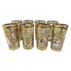 Set of 8 Used Highball Glasses by Cera in the Old World Map Pattern