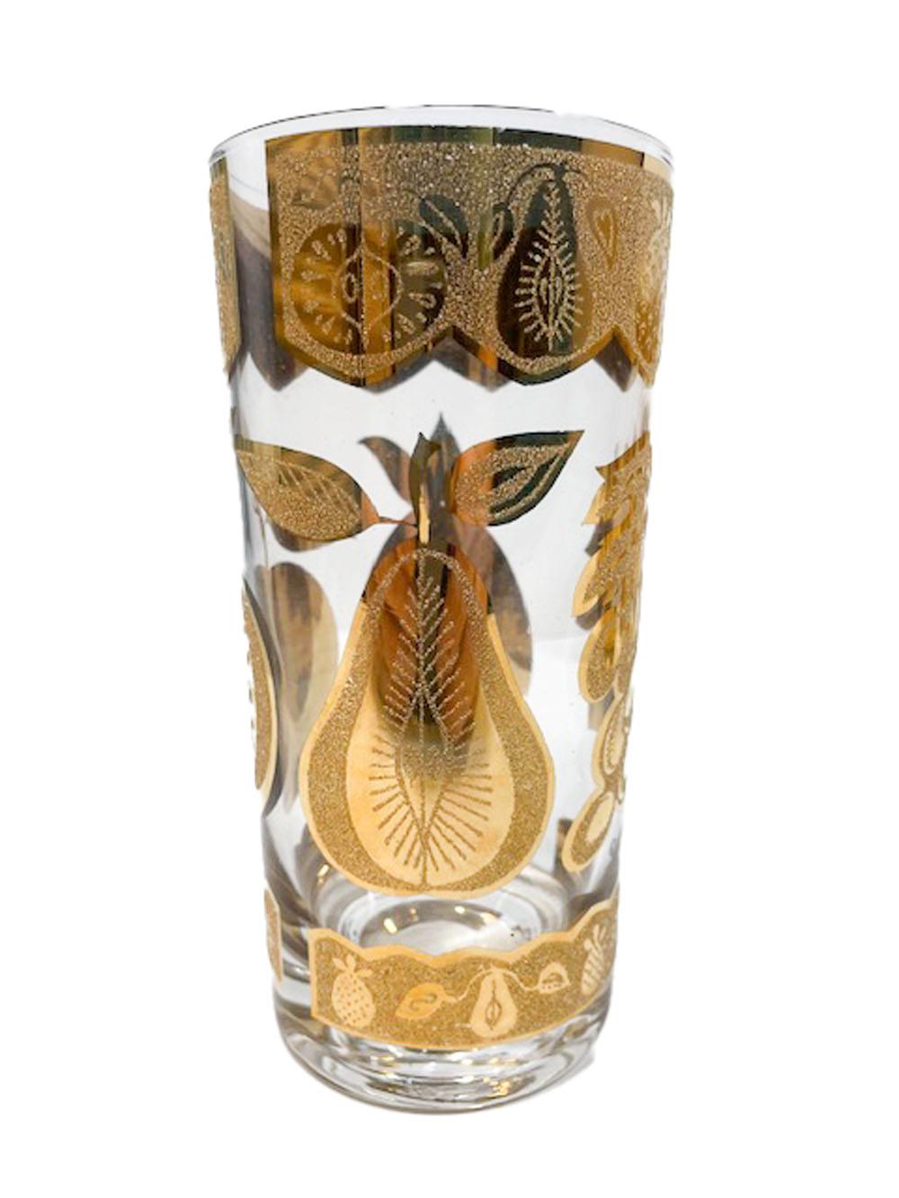 Set of eight Mid-Century Modern highball glasses by Culver in the Florentine pattern, decorated in smooth and textured 22k gold depicting apple, pear, pineapple and grapes.