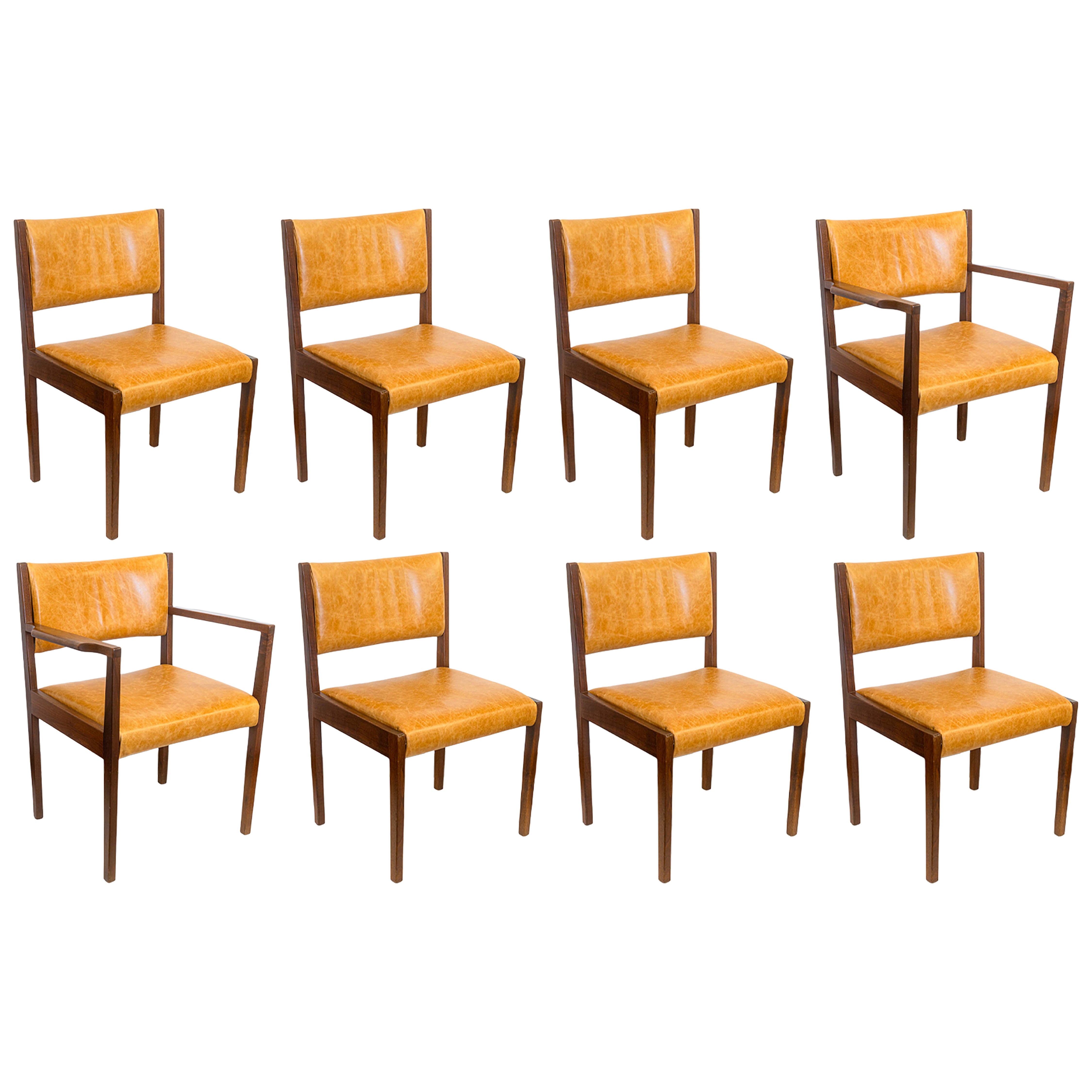 Set di 8 sedie da pranzo vintage in teak e pelle di Jens Risom, danese, della metà del secolo scorso.