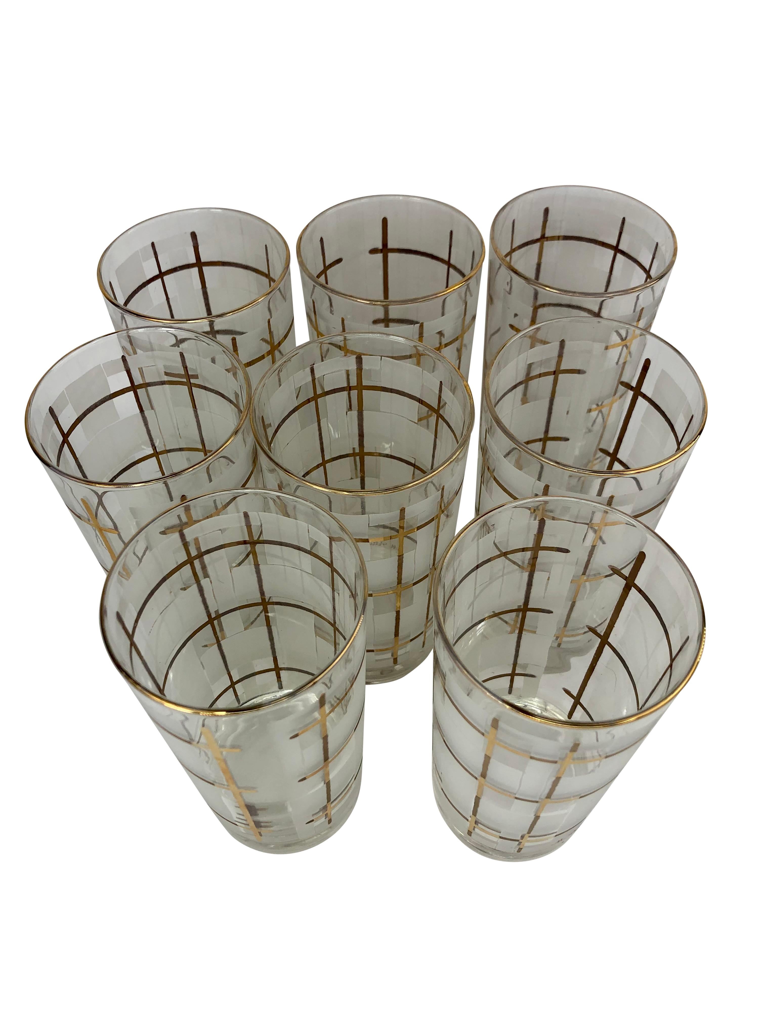 Set of 8 Vintage Libbey M. Petti Signed Highball Glasses with Gilt and Frosted Checkerboard Design. Glasses measure 5 1/2