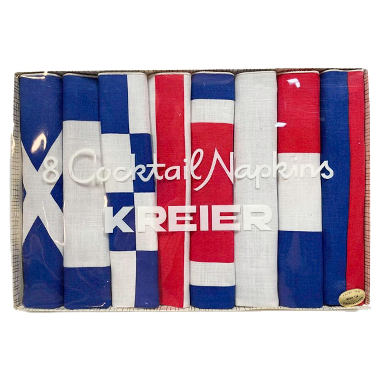 Set of 8 Vintage Linen Nautical Flag Cocktail Napkins by Kreier