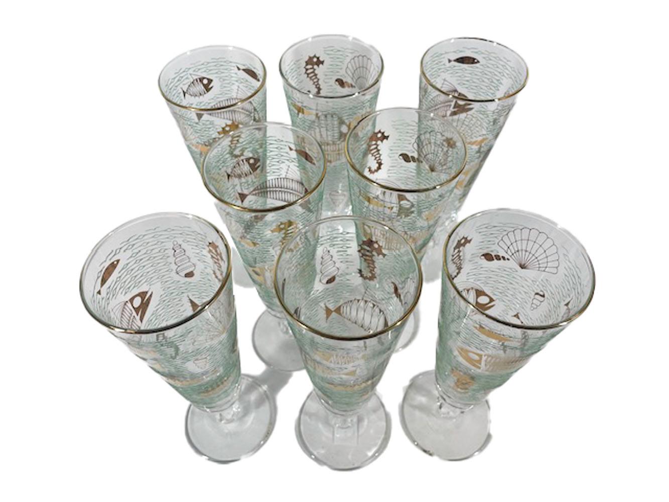 American Set of 8 Vintage Marine Life Pilsner Glasses by Libbey Glass Co