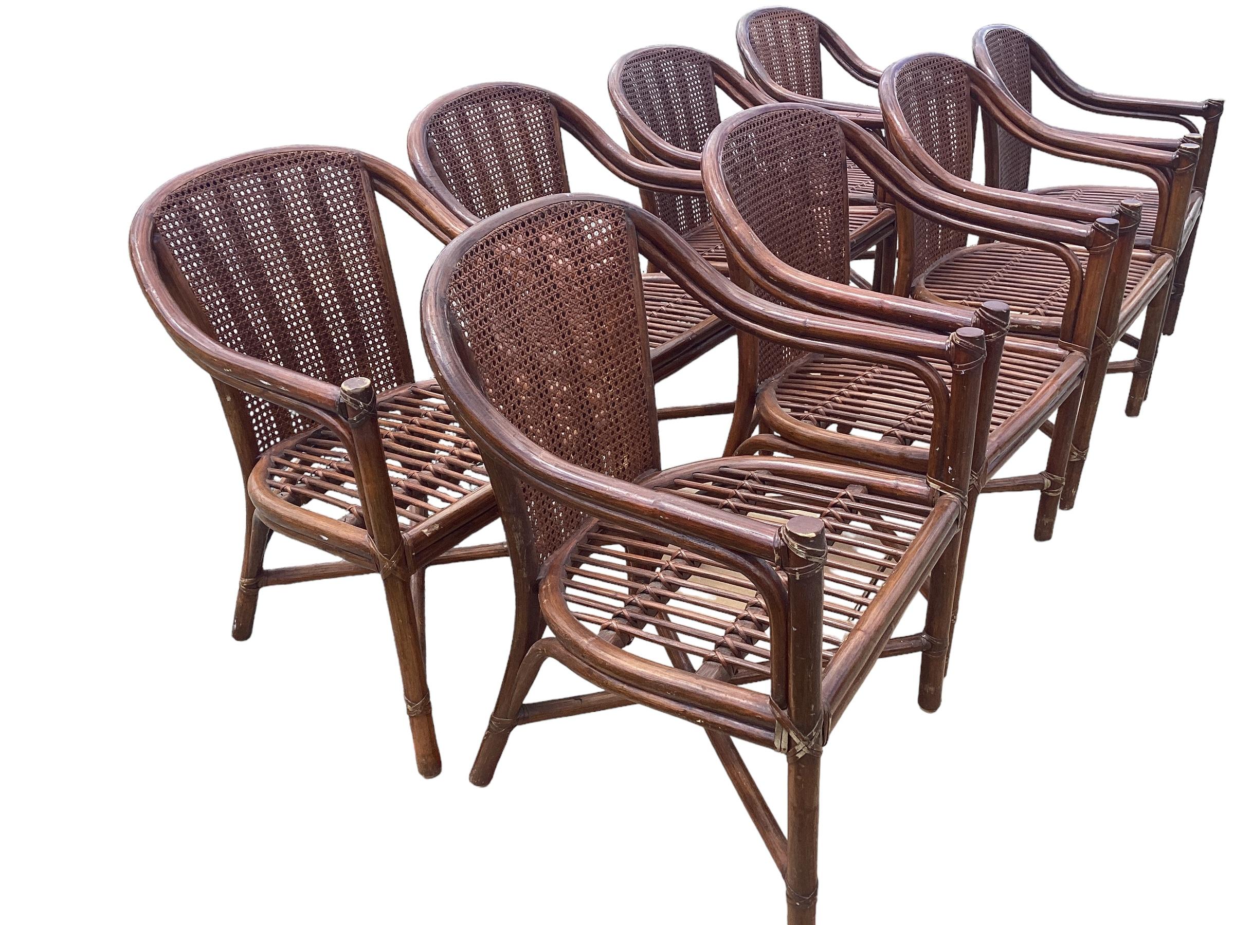 Mid-Century Modern Set of 8 Vintage McGuire Rattan Dining Chairs