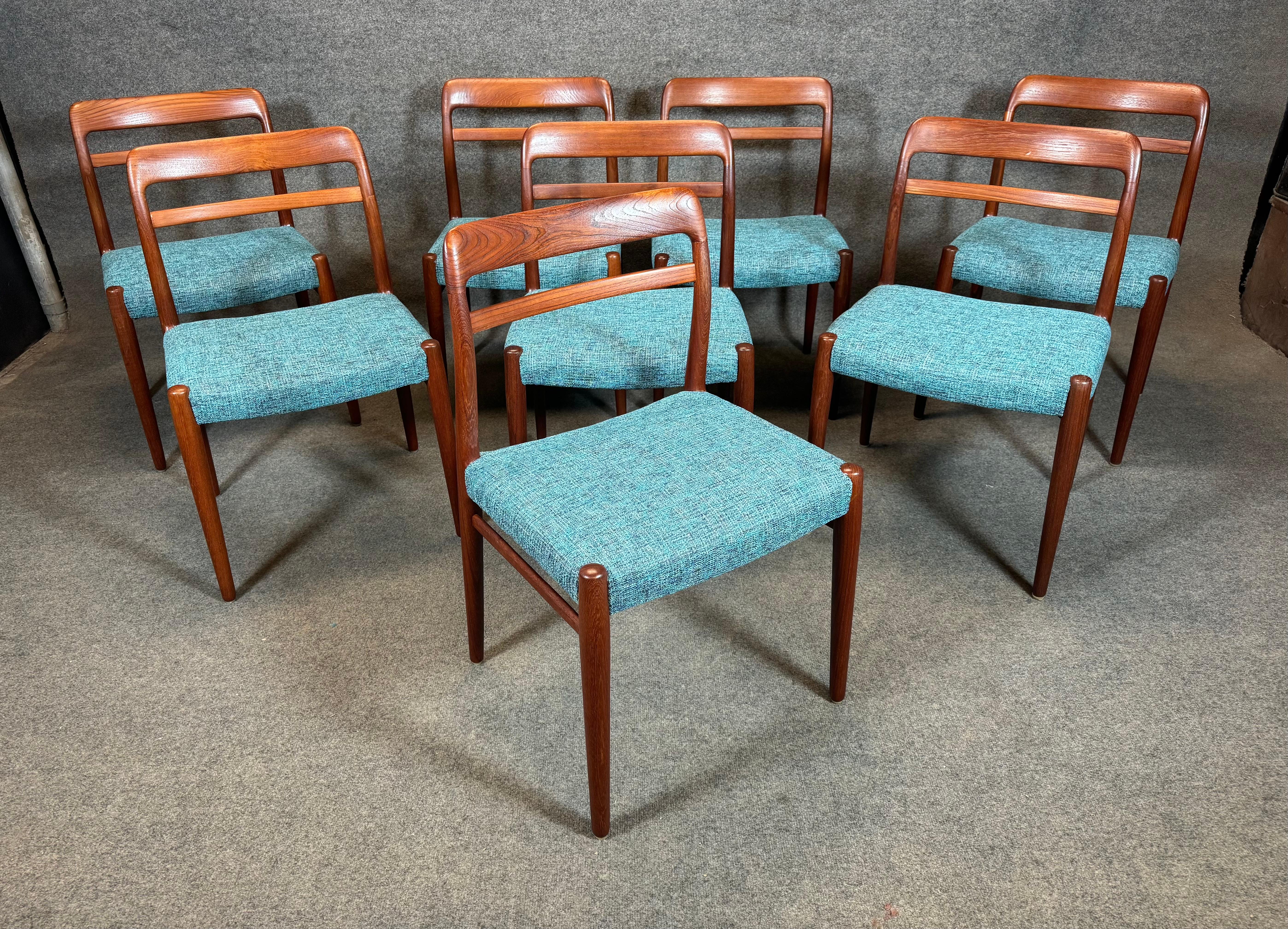 Here is a beautiful set of 8 vintage Scandinavian modern teak dining chairs Model 145 designed by Alf Aarseth and manufactured by Gustav Bahus in Norway in the 1960's.
This exclusive set of comfortable chairs, recently imported from Europe to