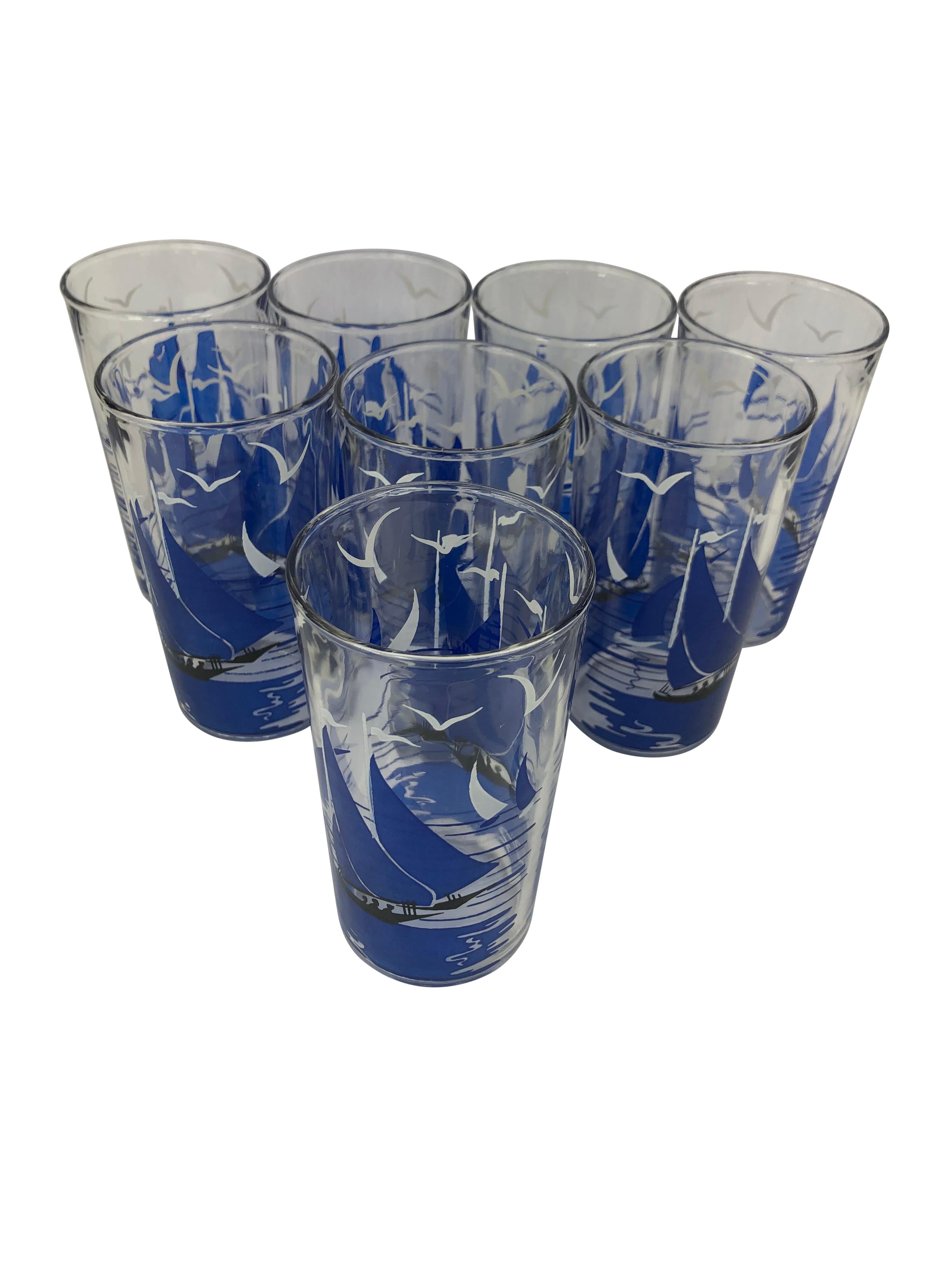 Mid-Century Modern Set of 8 Vintage Mid Century Tumblers With Sailboats in Boat-Shaped Caddy For Sale