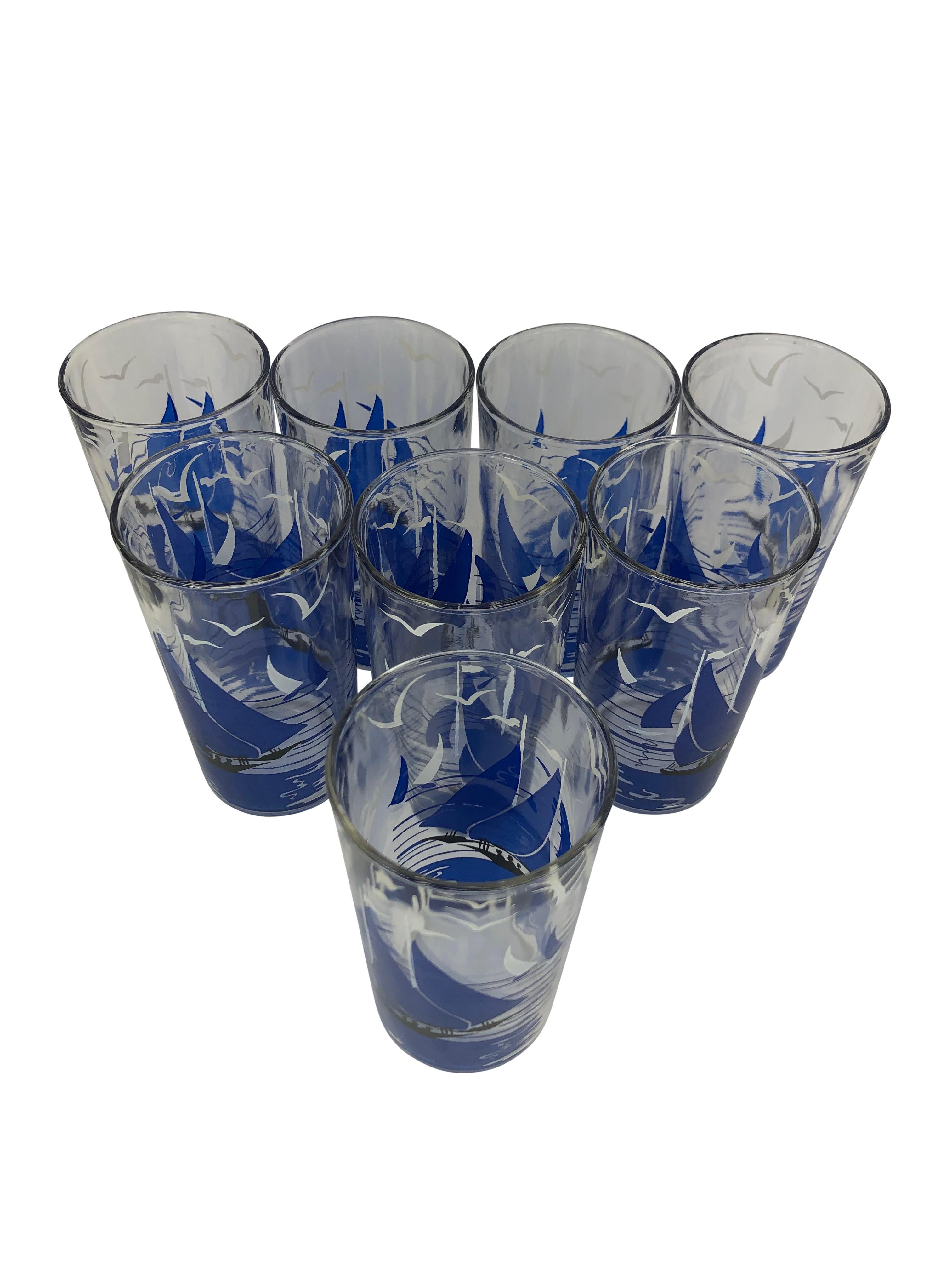 20th Century Set of 8 Vintage Mid Century Tumblers With Sailboats in Boat-Shaped Caddy For Sale