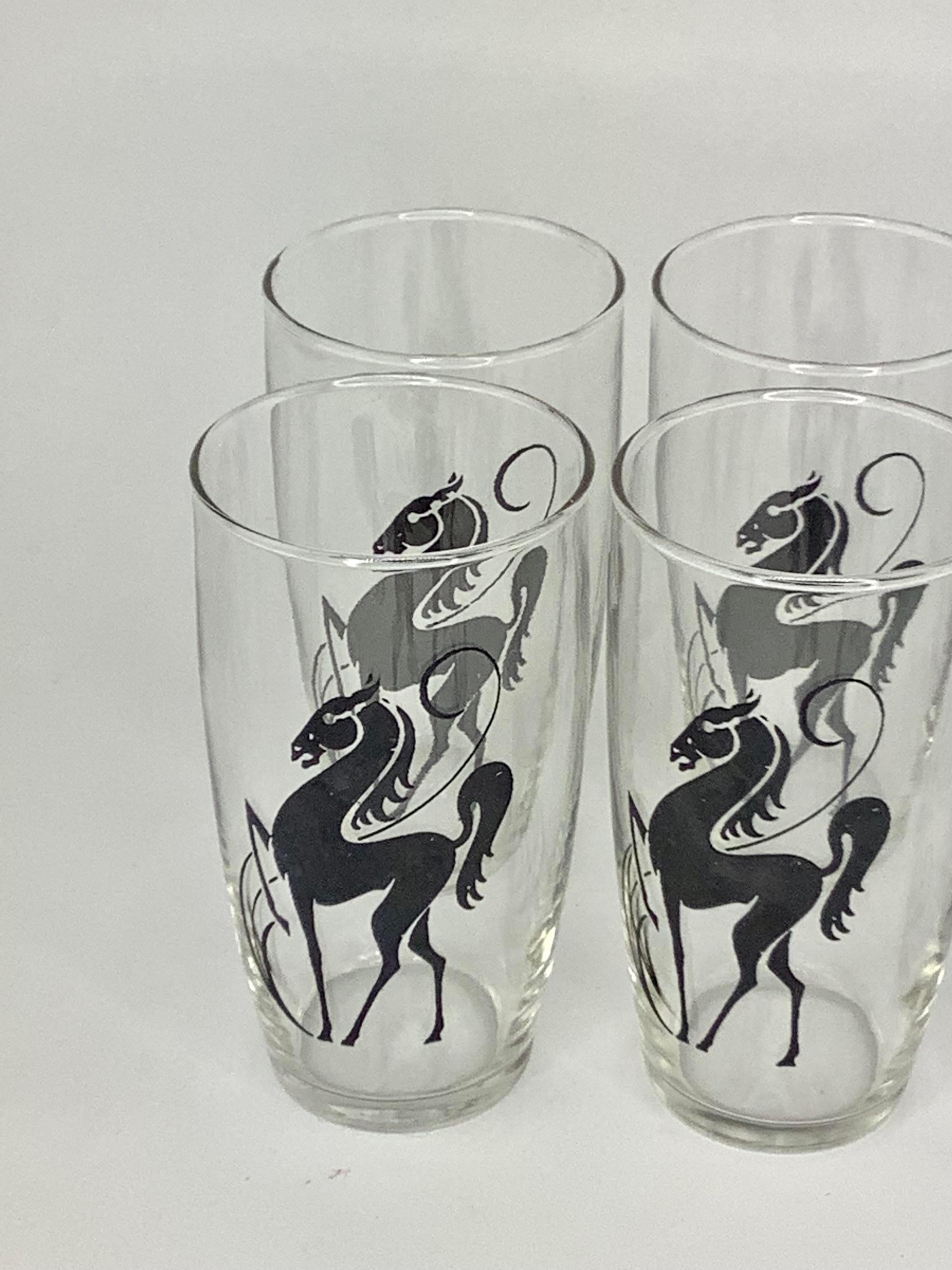 Set of 8 Vintage Highball Glasses decorated with Elegant Black Prancing Horses. Glasses measure 2 3/4