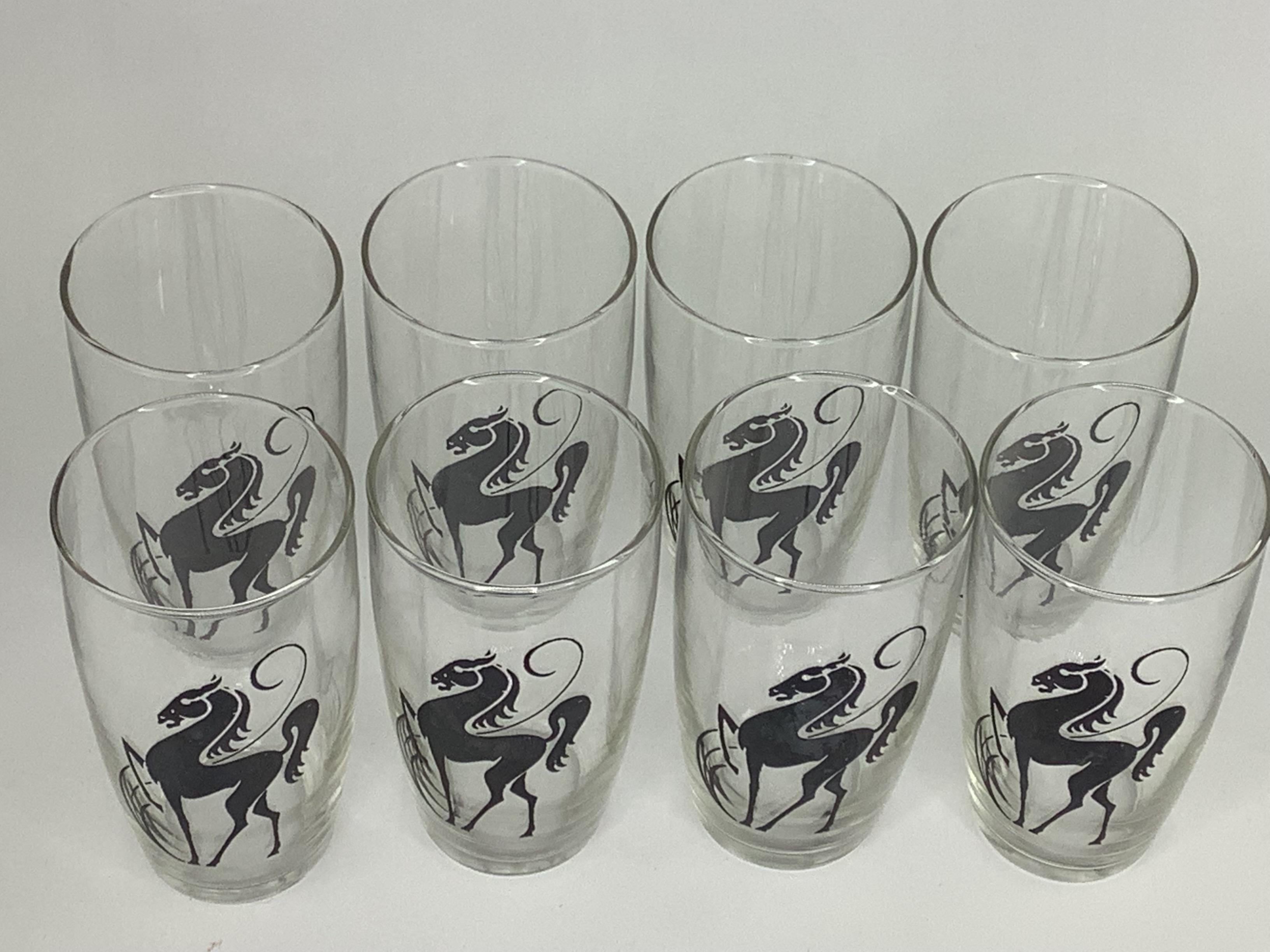 Mid-Century Modern Set of 8 Vintage Prancing Horses Highball Glasses For Sale