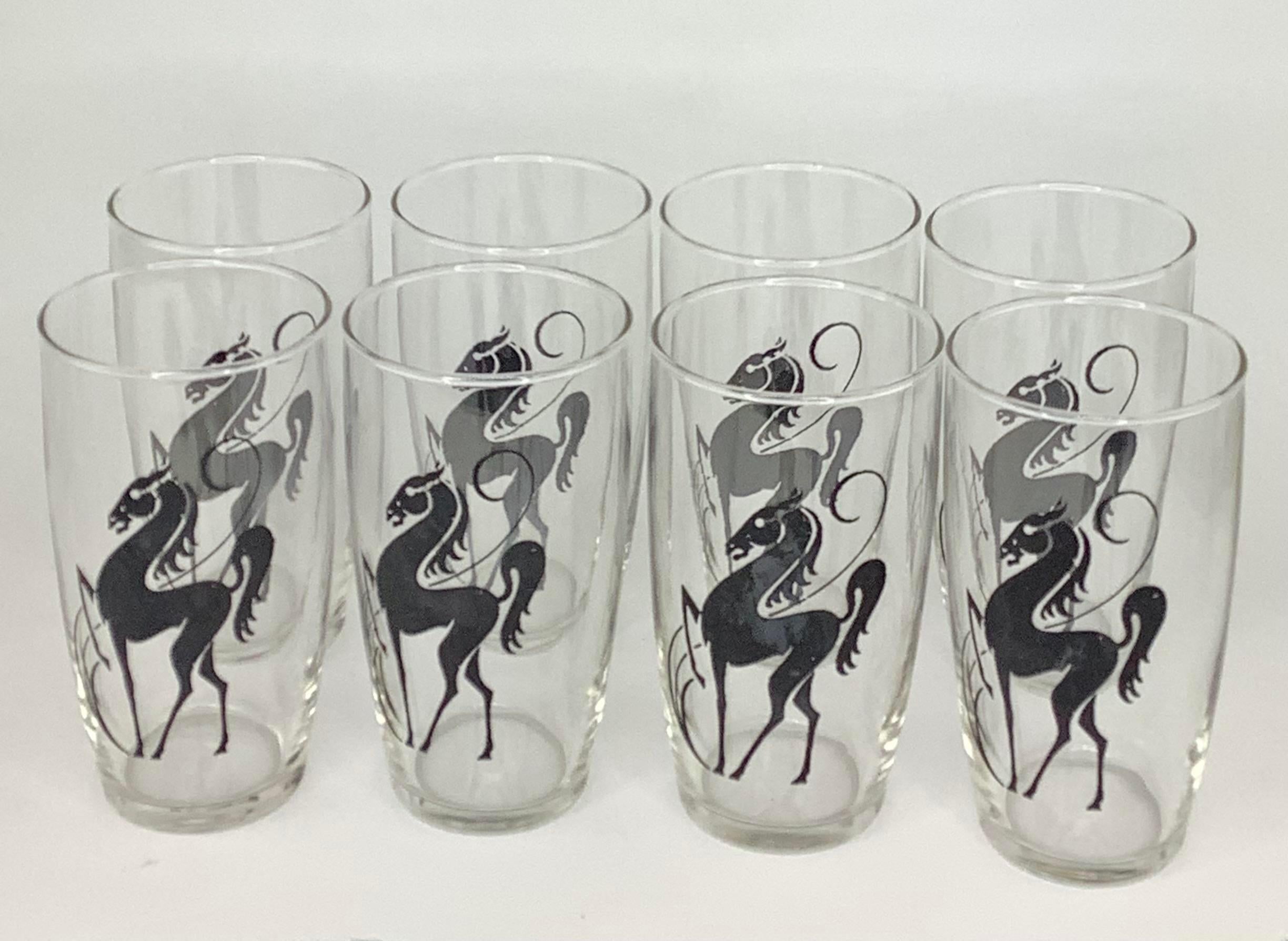American Set of 8 Vintage Prancing Horses Highball Glasses For Sale