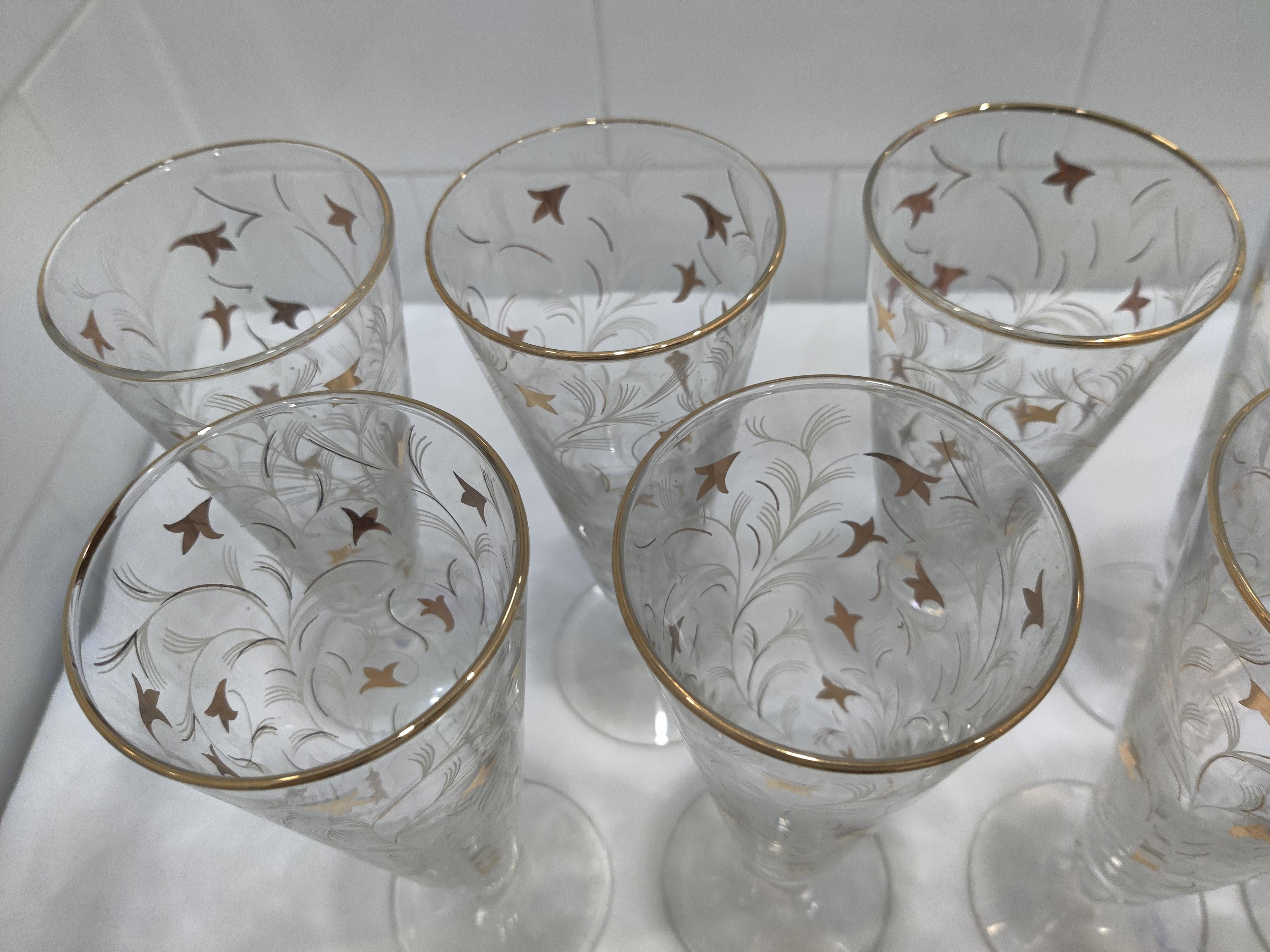 Juego de 8 Copas Vintage Royal Fern Libbey Pilsners-Champagne Vidrio en venta