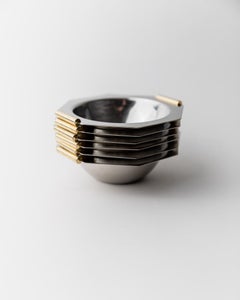Set of 8 Vintage Stainless Steel Bowls with Golden Handles, 1980s