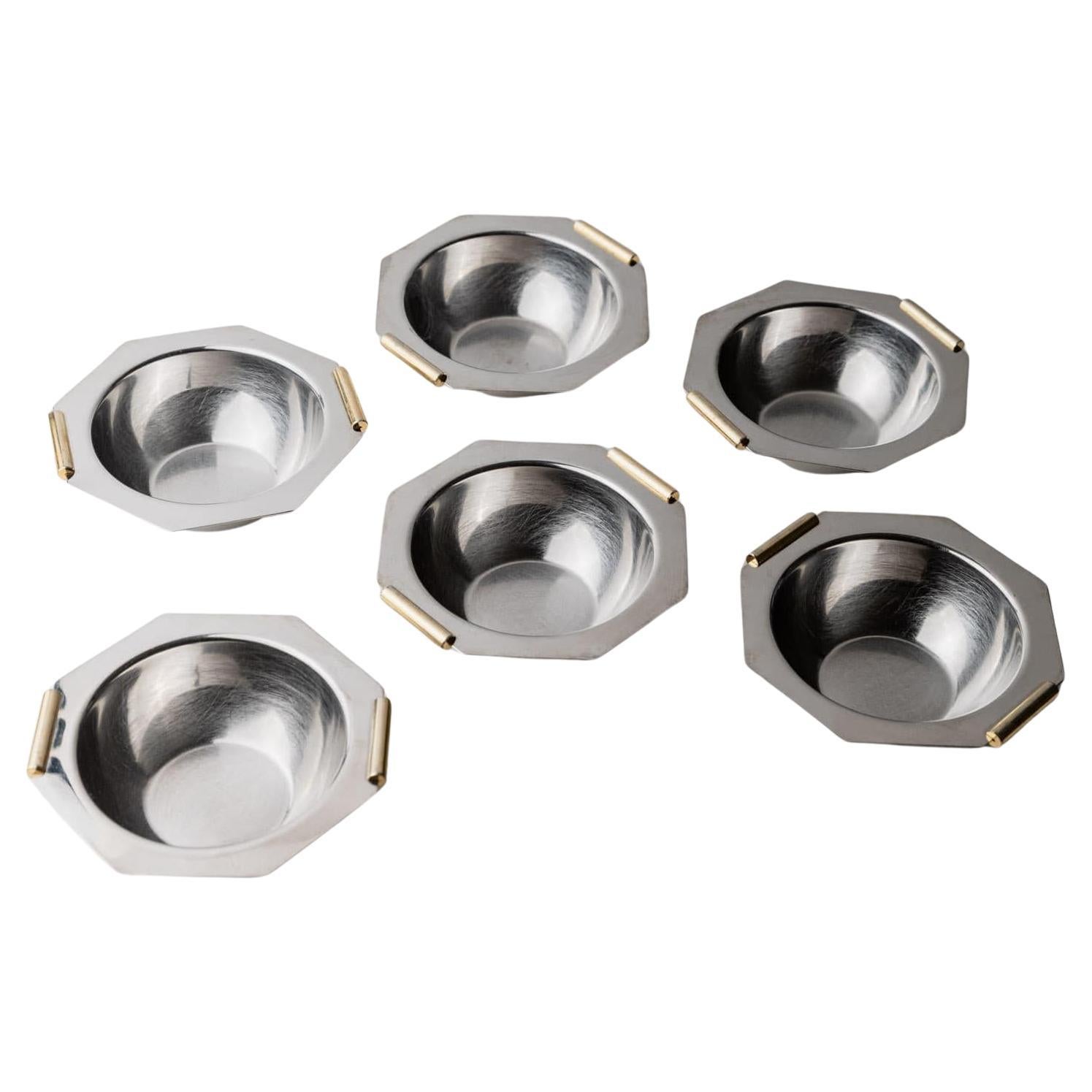 Set of 8 Vintage Stainless Steel Bowls with Golden Handles, 1980s